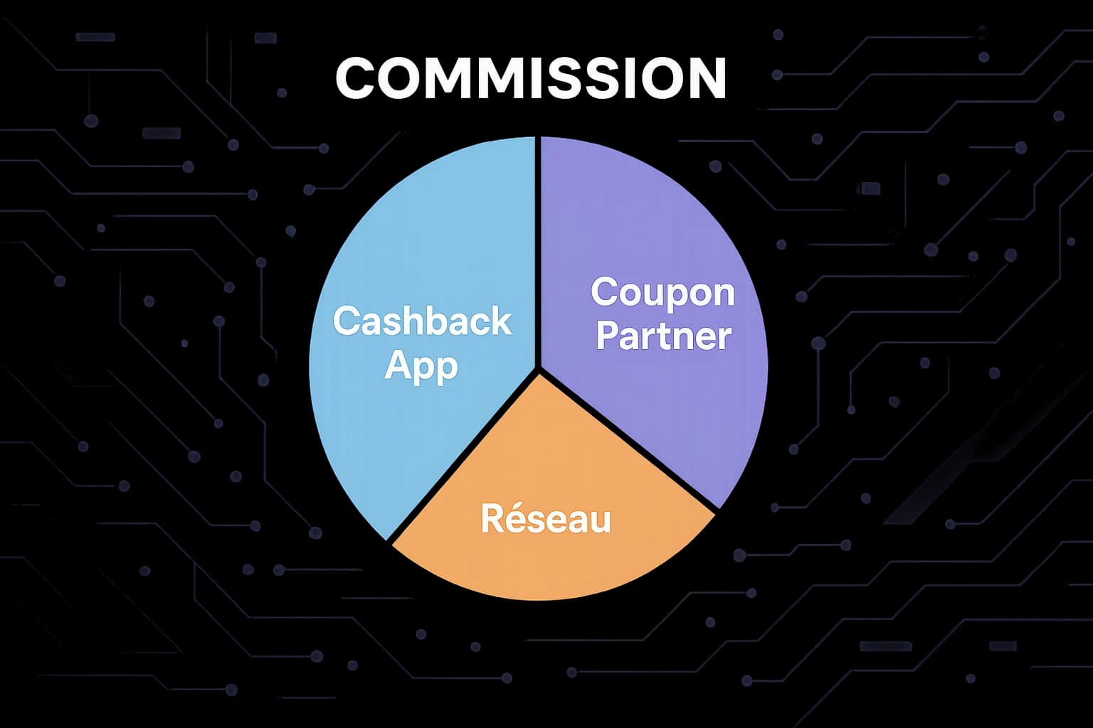 Visuel futuriste illustrant l’attribution partagée : un graphique en parts de camembert montre la commission divisée entre “Cashback App”, “Coupon Partner” et “Réseau”.