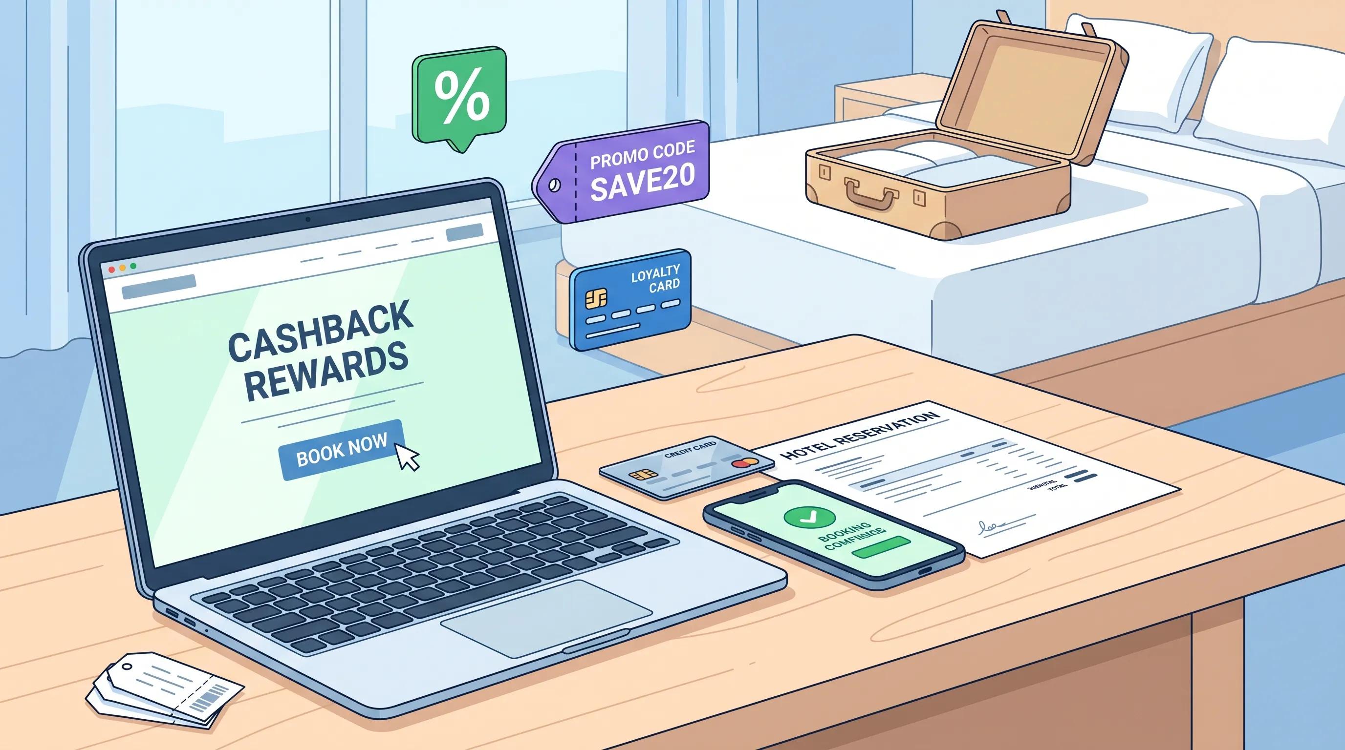 Chambre d'hôtel moderne avec valise ouverte, carte bancaire et documents de réservation sur une table, illustrant la réservation d'hôtel et les enjeux du cashback et du tracking.