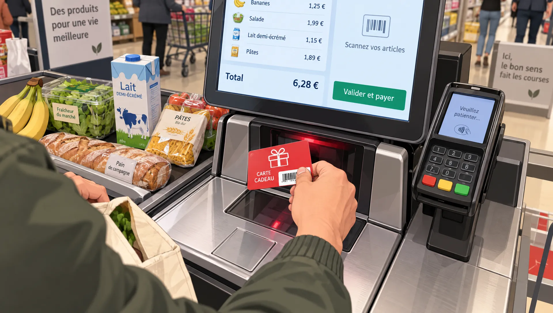 Un client compare un panier de 80 euros et une carte cadeau de 100 euros en vérifiant les conditions d’achat sur eBuyClub.