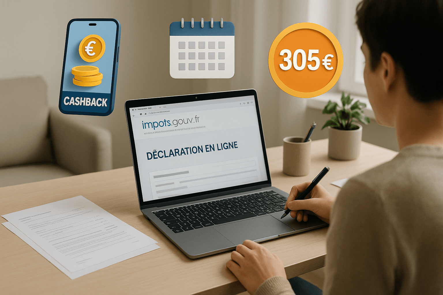 Illustration d'un contribuable remplissant sa déclaration d'impôts en ligne avec des icônes de cashback, agenda et seuil de 305 €