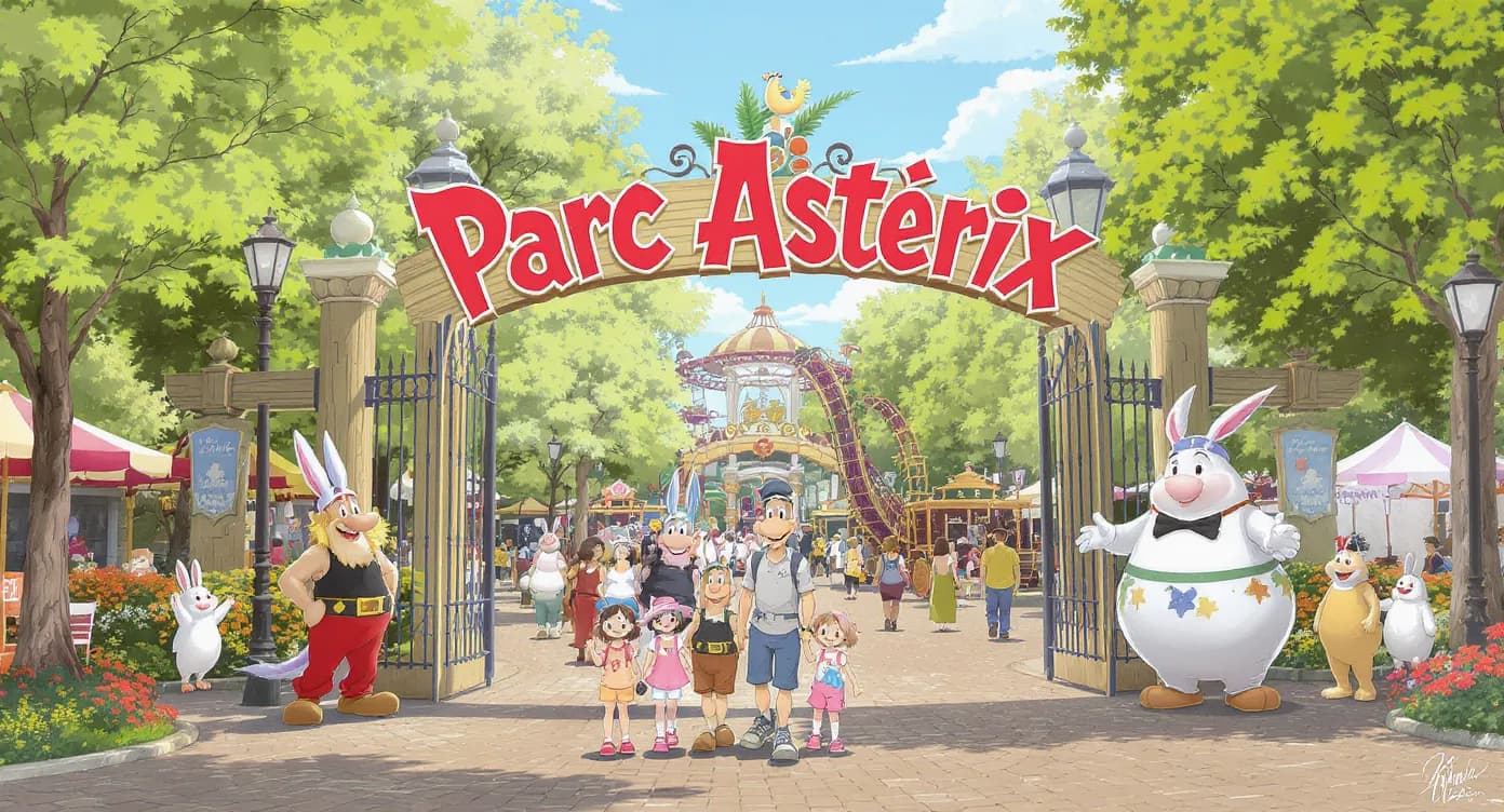Famille souriante posant devant l'entrée du Parc Astérix, des personnages costumés et des manèges en arrière-plan; la scène illustre une journée de loisirs estivale en 2025.