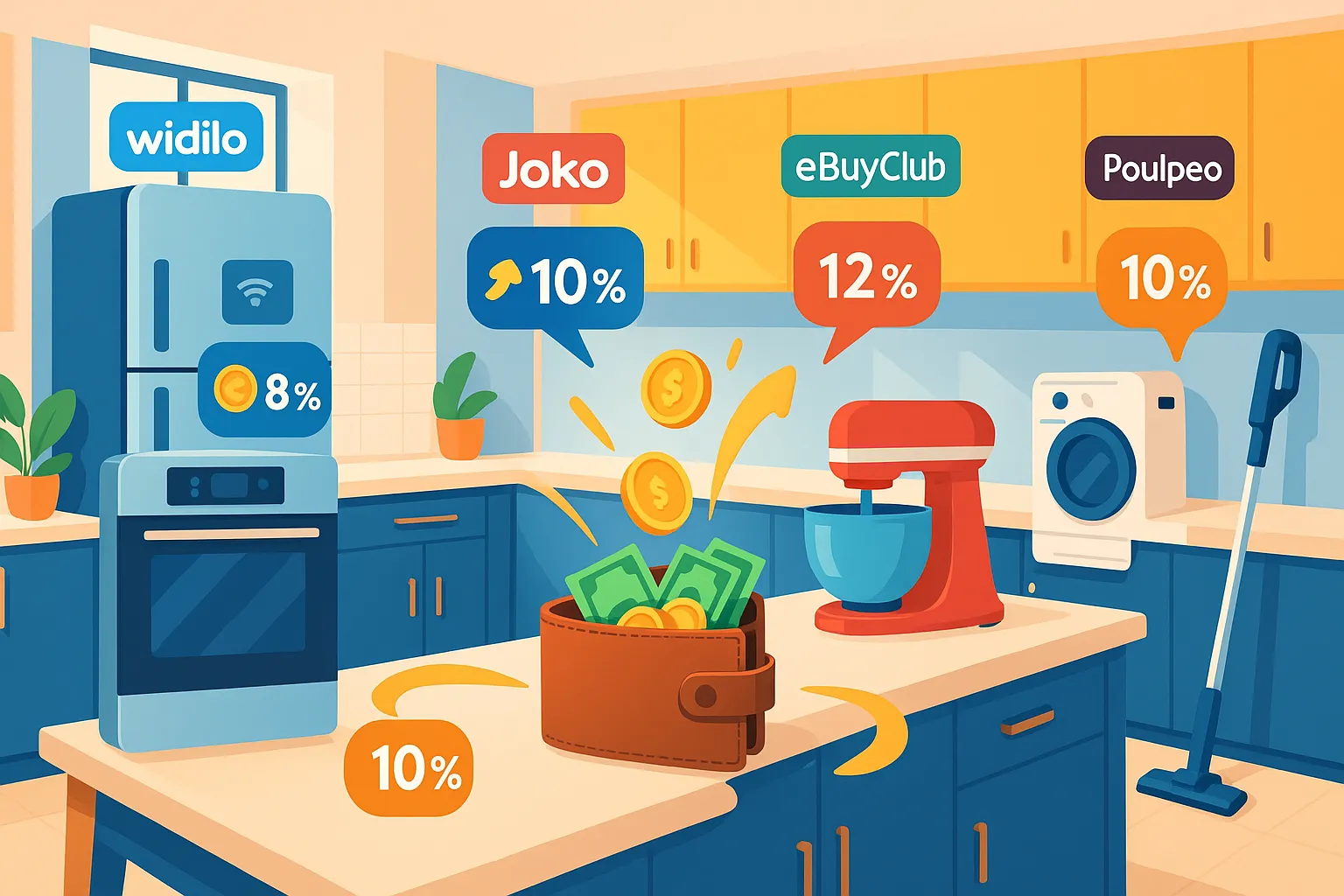 Illustration d’une cuisine moderne avec plusieurs appareils électroménagers affichant des icônes de cashback et des pourcentages de remise, symbolisant les économies grâce aux applications de cashback