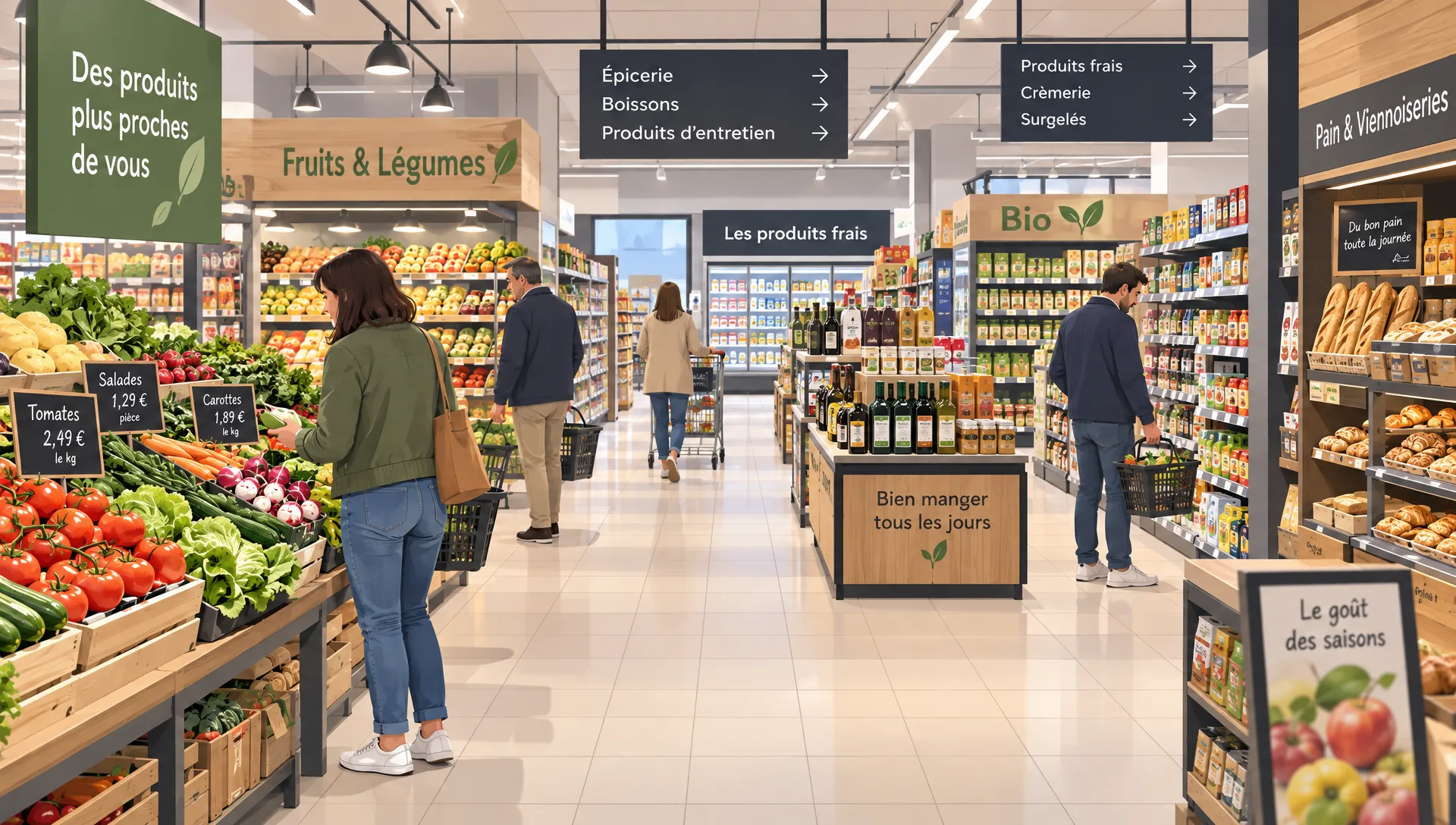 Des achats alimentaires, un produit d’hygiène, un vêtement et un petit appareil illustrent les dépenses courantes à comparer sur eBuyClub.