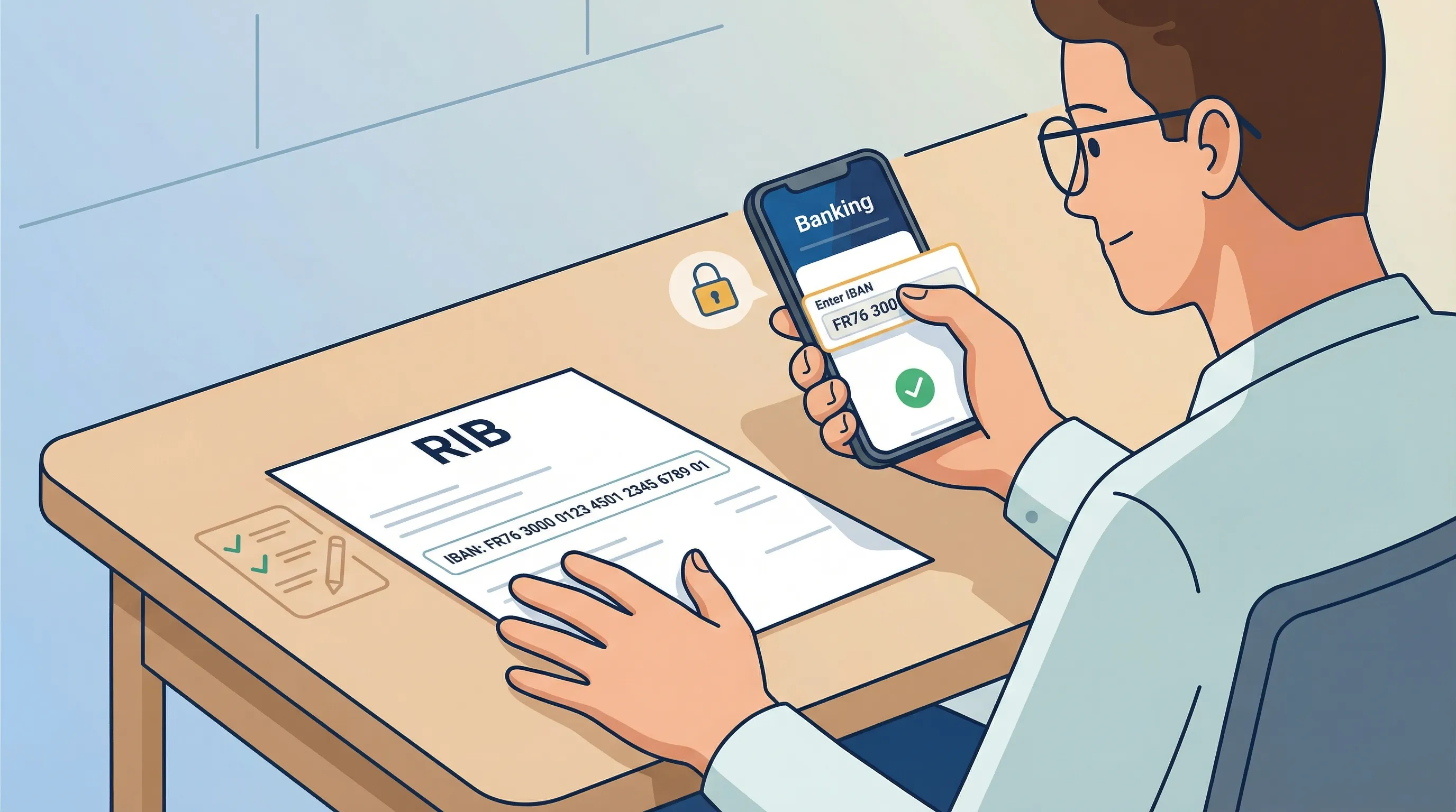 Utilisateur vérifiant un IBAN sur un RIB et dans une application bancaire sur smartphone, avec les champs IBAN et titulaire mis en évidence et une icône de virement SEPA.