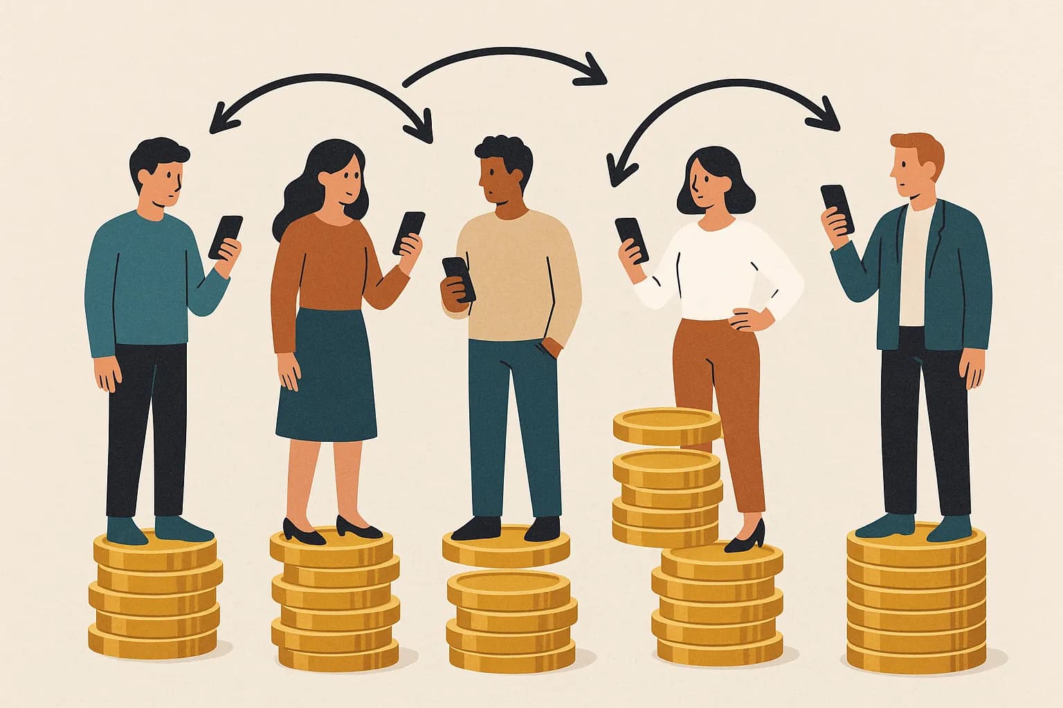 Illustration montrant cinq personnages stylisés chacun tenant un smartphone au-dessus d’une pile de pièces ; des flèches indiquent le flux d’argent immédiat ou différé selon leur profil d’achat.
