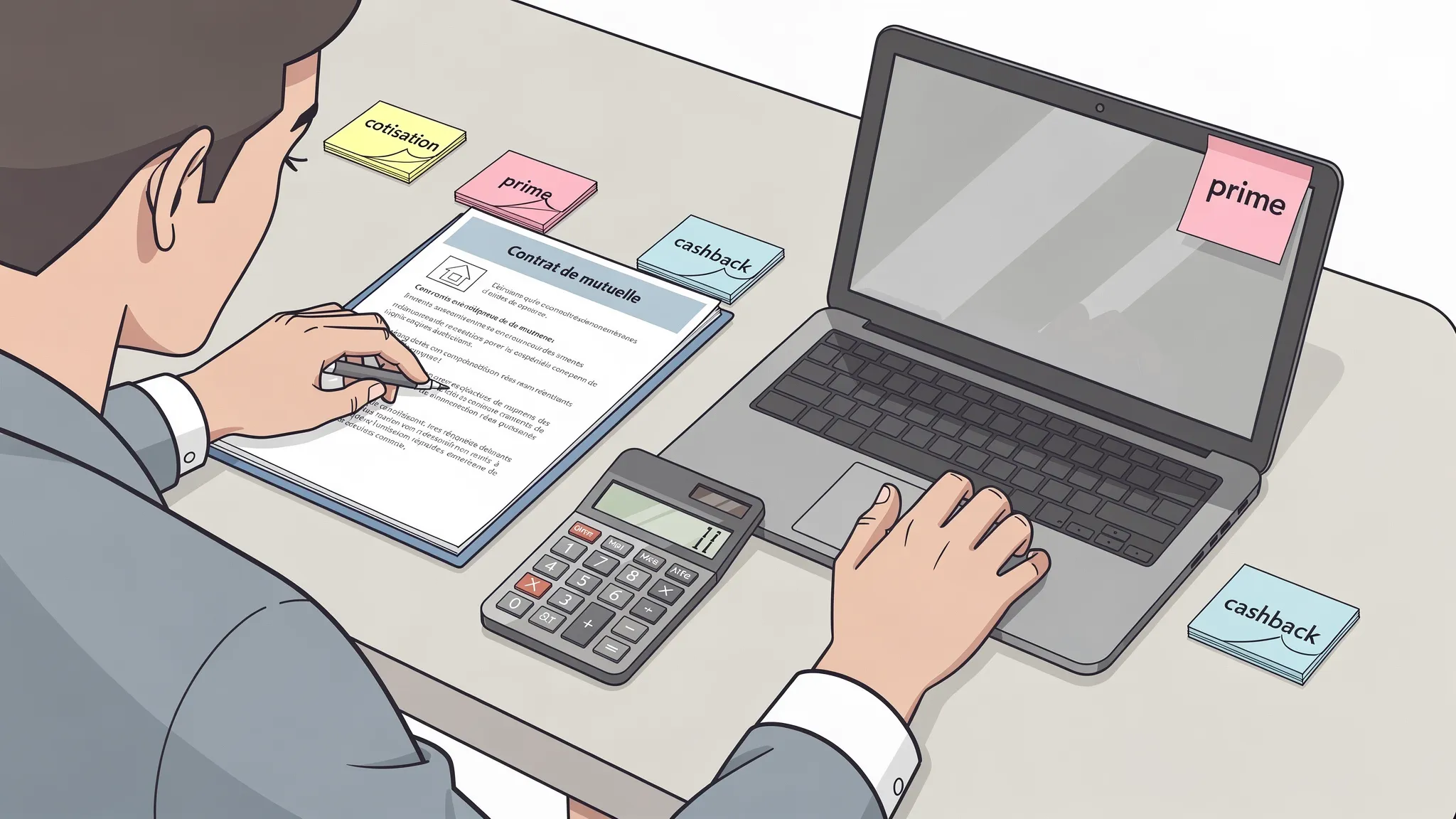 Une personne calcule sur une calculatrice posée à côté d’un contrat de mutuelle et d’un ordinateur portable, avec des post-its indiquant “cotisation”, “prime”, “cashback”.