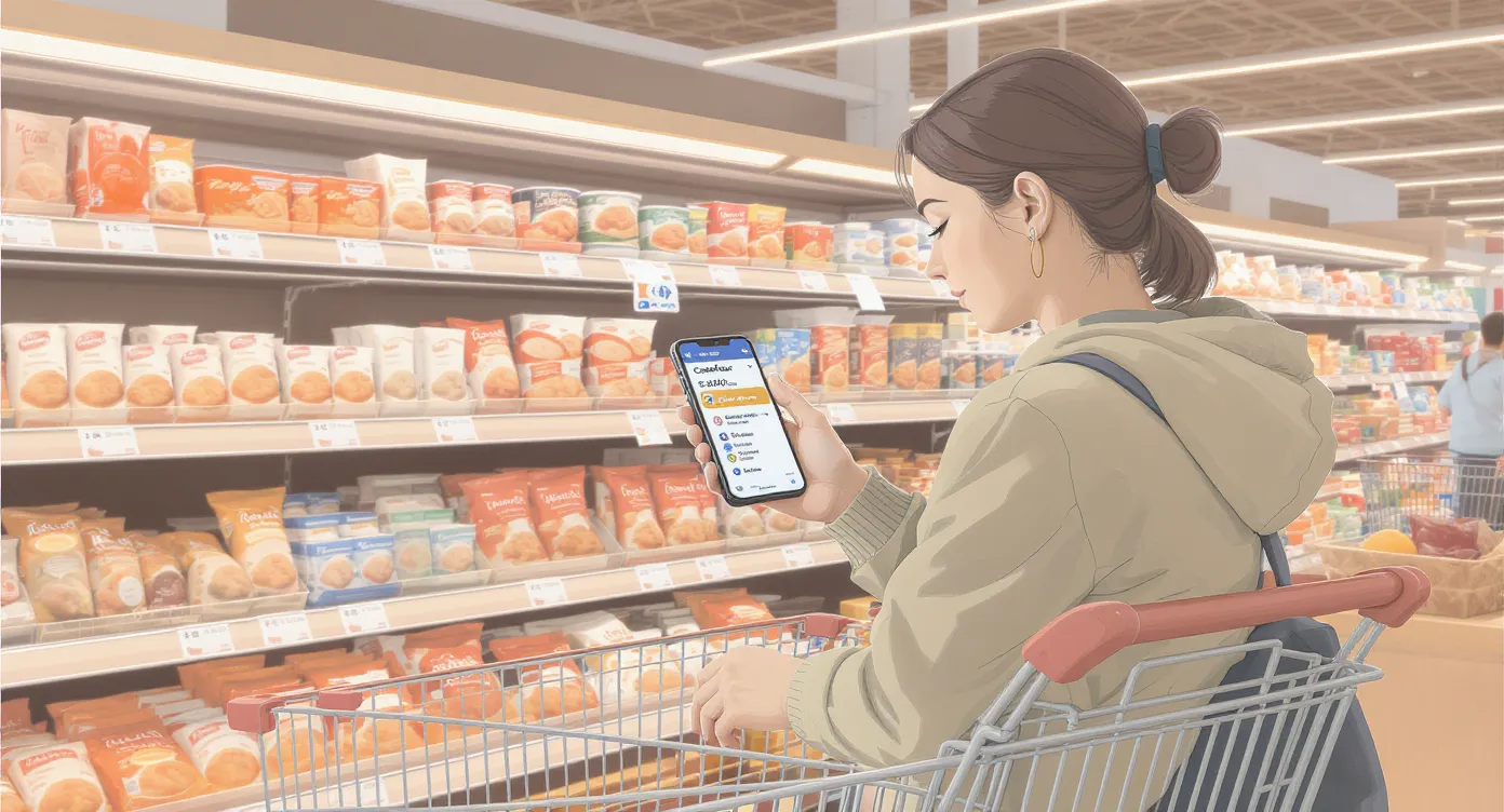 Une cliente scanne un e-coupon Carrefour sur son smartphone devant un rayon frais, tandis qu’un panier rempli attend sur le chariot.