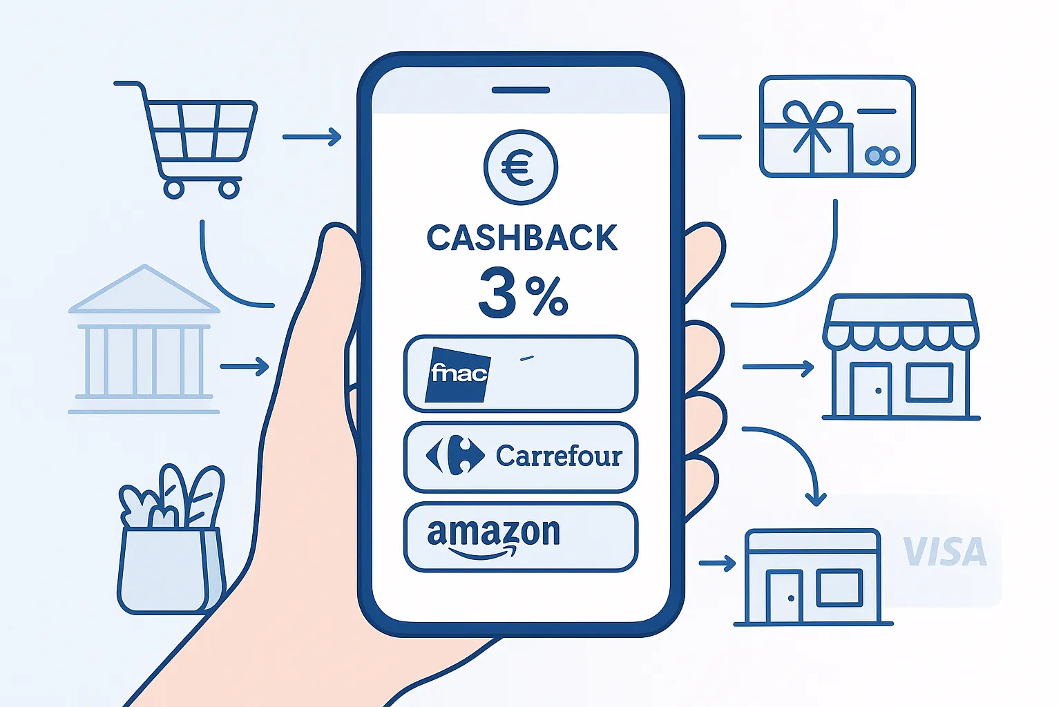 Client consultant l’application mobile de La Banque Postale affichant un tableau de bord de cashback avec gains et options de retrait instantané