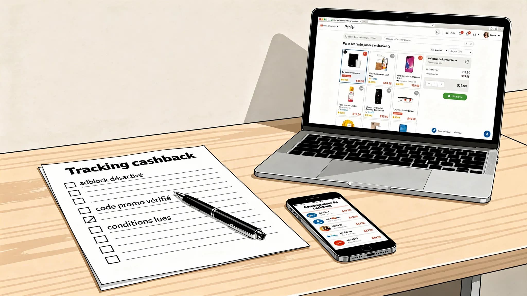 Une checklist imprimable “Tracking cashback” posée près d’un ordinateur portable ouvert sur une page panier, avec une case “adblock désactivé”, “code promo vérifié”, “conditions lues”, et un smartphone affichant une page comparateur de cashback.