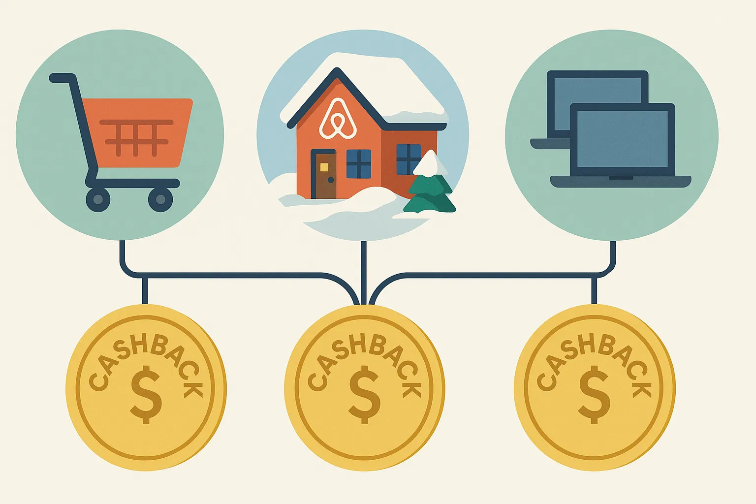 Schéma en style flat design représentant trois bulles : un panier drive, une maison Airbnb enneigée et une pile d’ordinateurs, chacune reliée à une pièce d’or marquée « cashback », illustrant les différents scénarios d’achats groupés expliqués dans l’article.