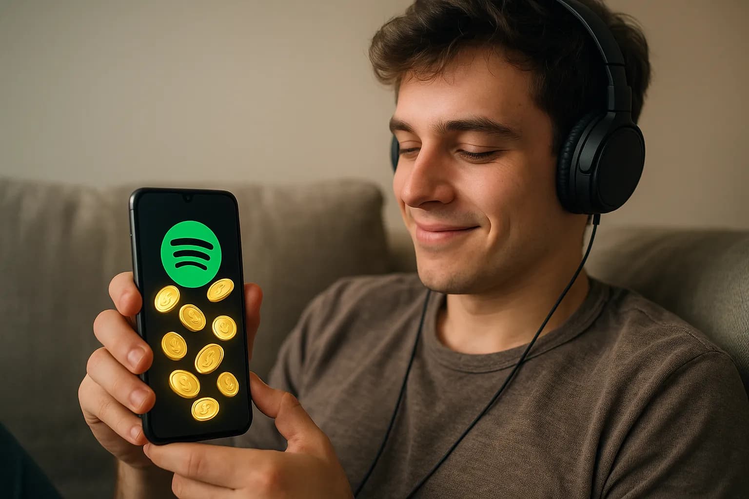 Un jeune mélomane assis sur un canapé, casque sur les oreilles, tient son smartphone affichant l'icône Spotify tandis que des pièces d’or virtuelles tombent sur l’écran, symbolisant le cashback gagné.