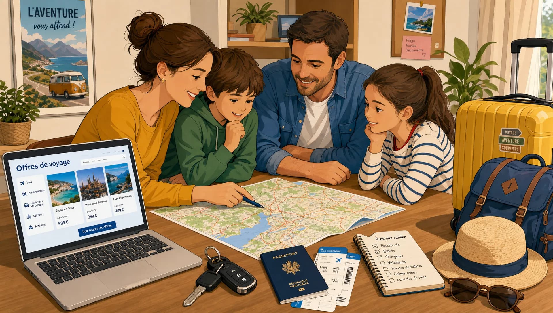 Une famille prépare un trajet de vacances sur une table avec des clés de voiture, des billets, des valises, une carte routière et un ordinateur ouvert sur des offres de voyage.