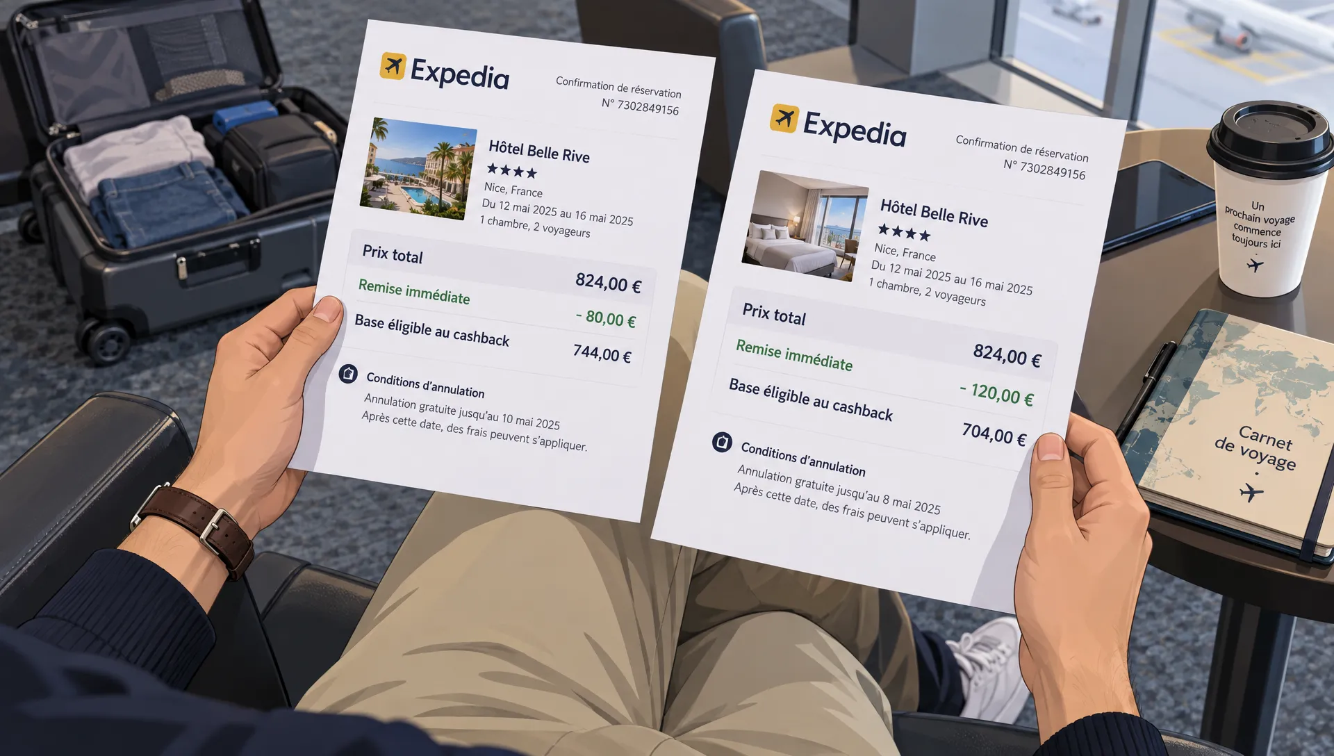 Un voyageur compare deux offres Expedia sur papier, en vérifiant la remise, le cashback éligible et les conditions d’annulation.