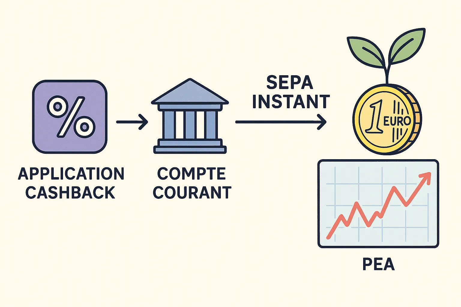 Infographie minimaliste montrant le flux « Application Cashback → Compte Courant → PEA », avec une mention « SEPA Instant » sur la dernière flèche et une pièce de 1 € qui se transforme en graine germant sur un graphique boursier.