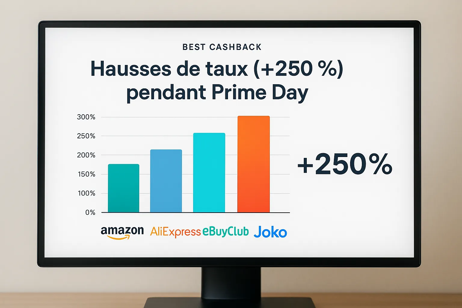 Un tableau de bord Best Cashback affichant des hausses de taux (+250 %) pendant Prime Day, avec un graphique en barres colorées et logos Amazon, AliExpress, eBuyClub, Joko.