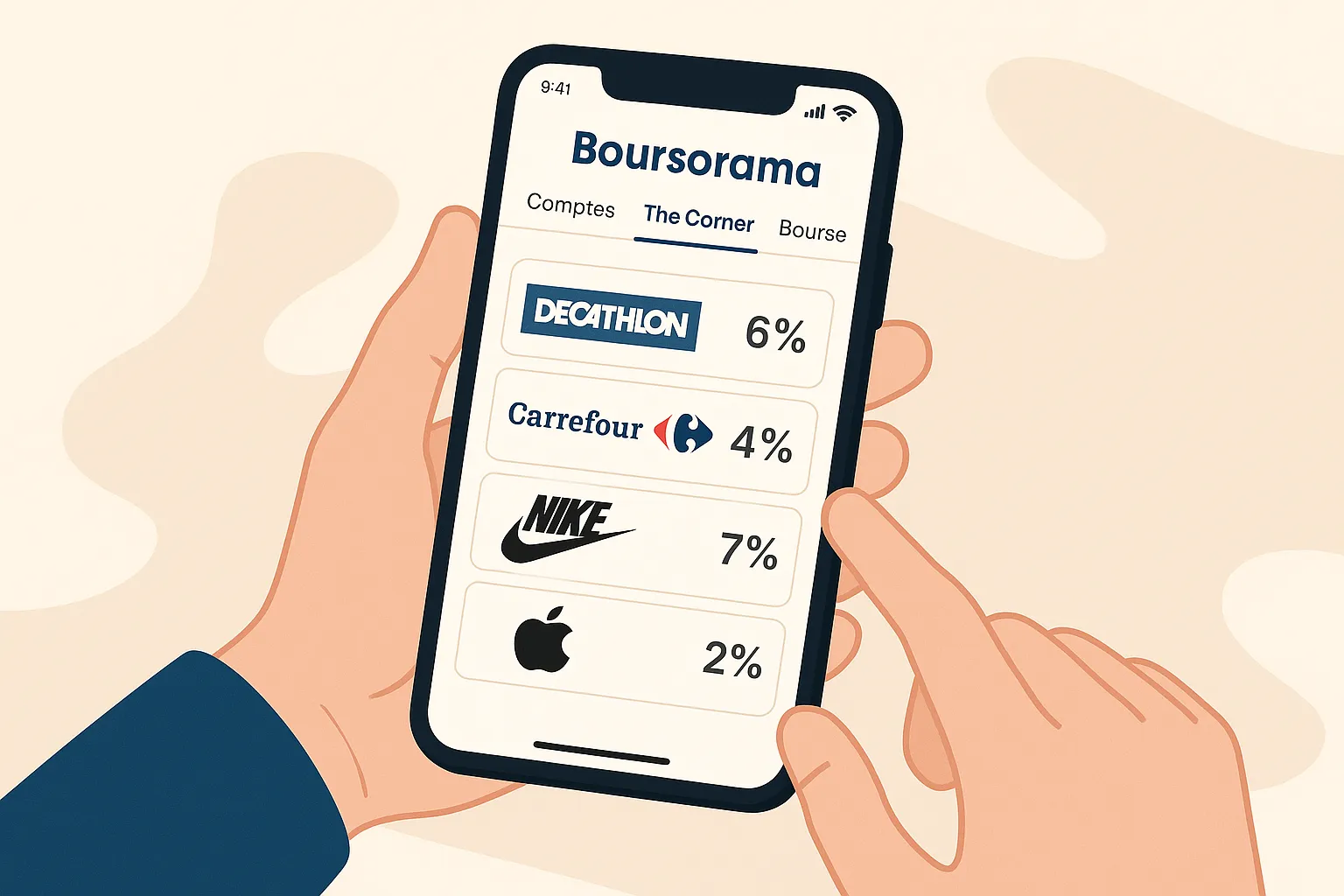 Un client consulte l'application mobile Boursorama : l'écran affiche l'onglet The Corner avec plusieurs enseignes et leurs taux de cashback.