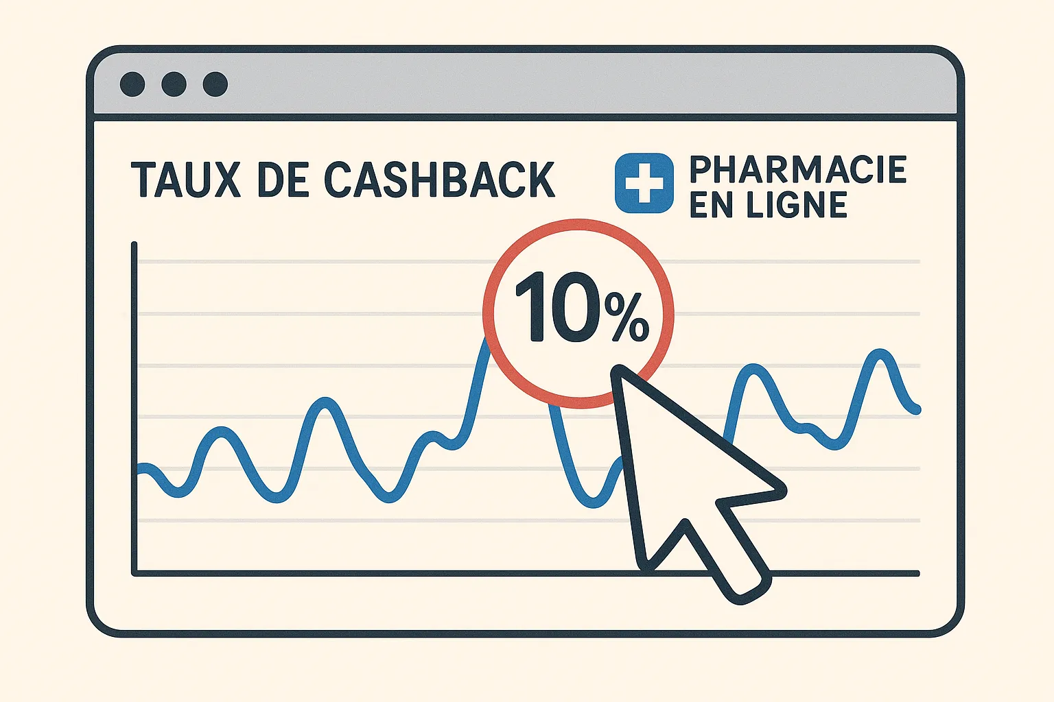 Une capture d’écran stylisée montre un graphique indiquant la fluctuation des taux de cashback d’une pharmacie en ligne, un curseur zoomé sur un pic à 10 % entouré en rouge.