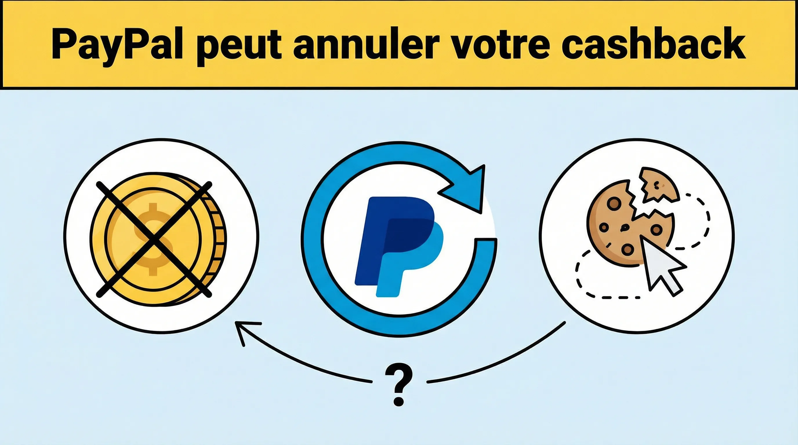 Illustration d’un avertissement “PayPal peut annuler votre cashback” avec trois icônes : une pièce de monnaie, un logo PayPal stylisé et un symbole de tracking (curseur/cookie) pour montrer le risque de perte d’attribution.