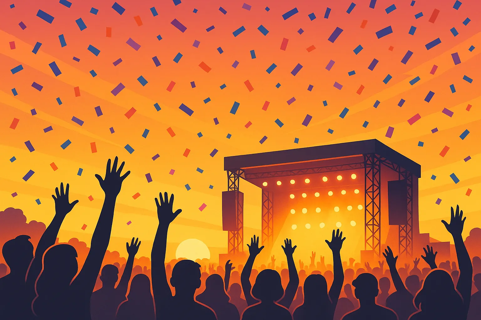 Foule de festival au coucher du soleil, silhouettes de spectateurs levant les mains devant une grande scène illuminée, confettis dans le ciel.