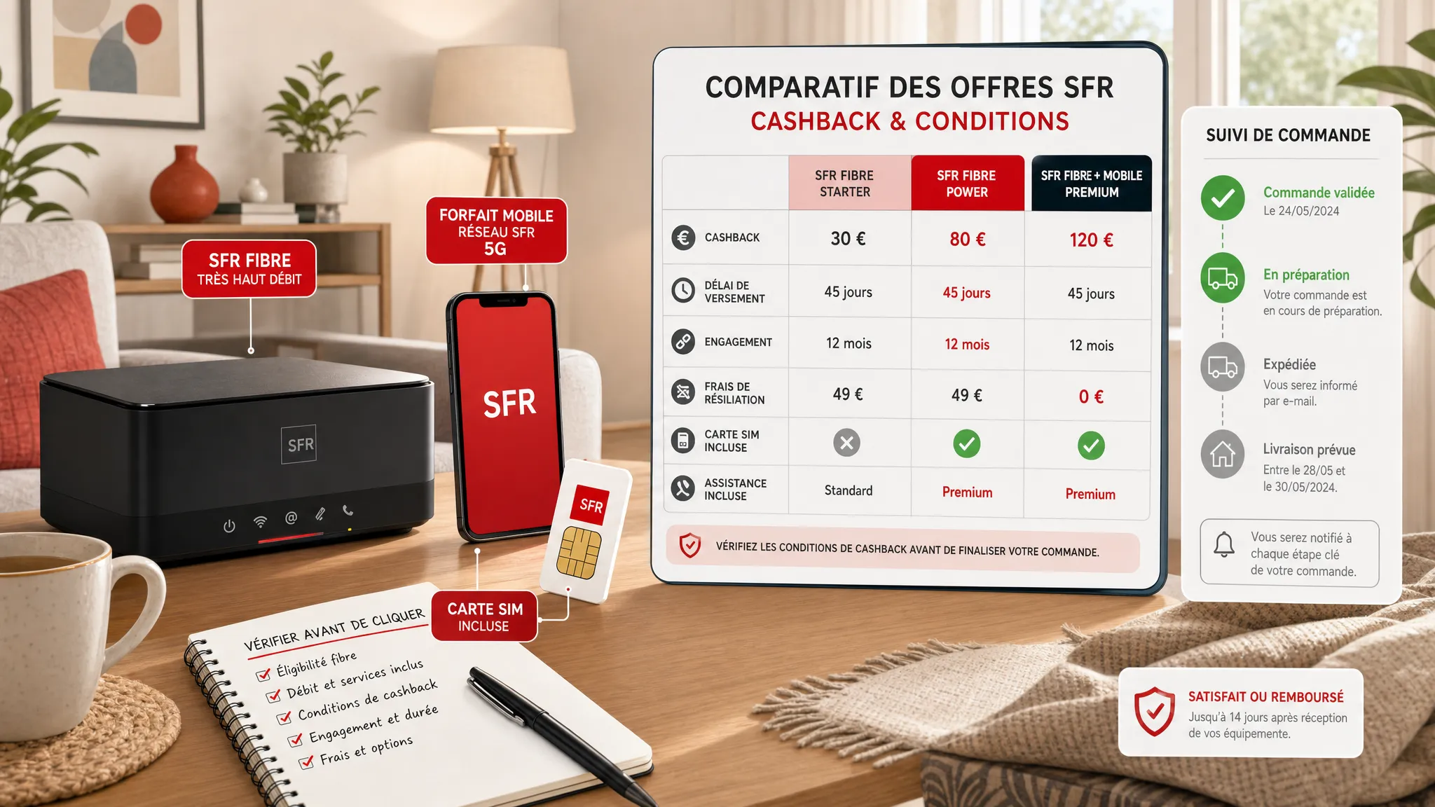 Un routeur fibre, une carte SIM et un smartphone posés sur une table, avec un carnet ouvert listant les éléments à comparer avant une souscription SFR : prix mensuel, durée d’engagement, cashback et conditions de validation.