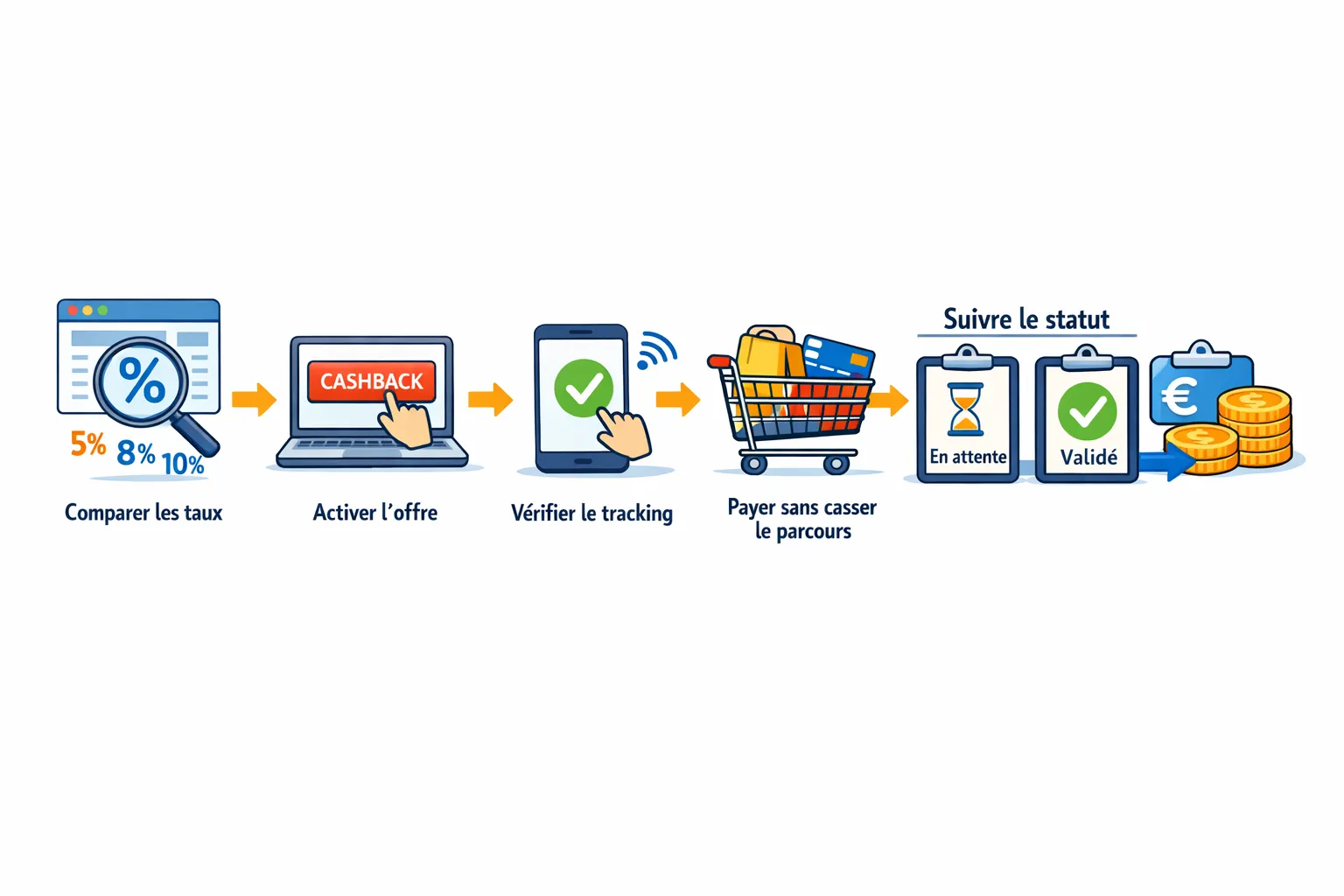 Schéma simple du parcours d’achat cashback: comparer les taux, activer l’offre, vérifier le tracking, payer sans casser le parcours, puis suivre le statut en attente et validé jusqu’au retrait.