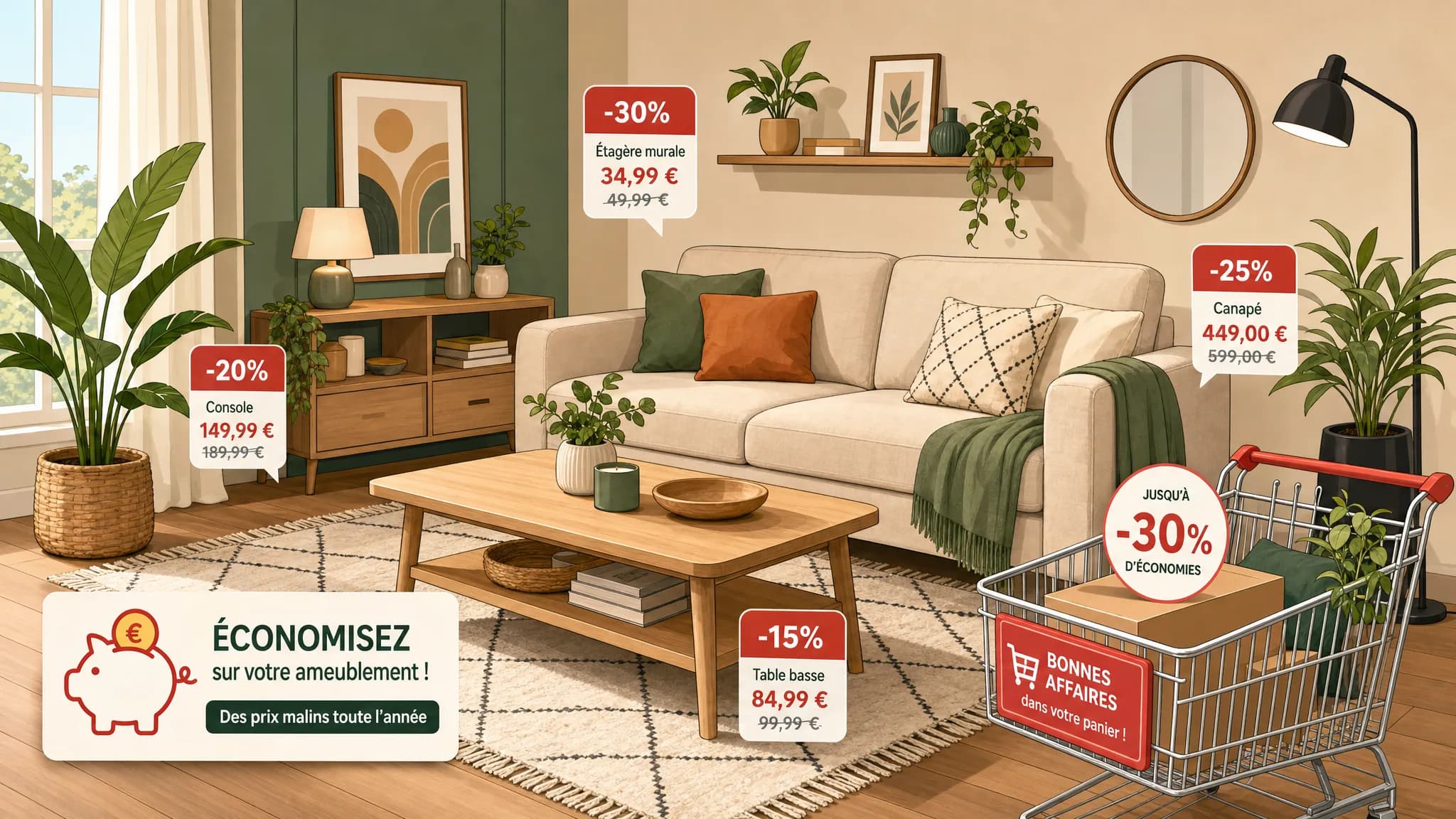 Un coin salon avec canapé, table basse, tapis, plantes et objets de décoration, vu de trois quarts, avec un panier d’achat et quelques repères de remise pour illustrer les économies sur l’ameublement.