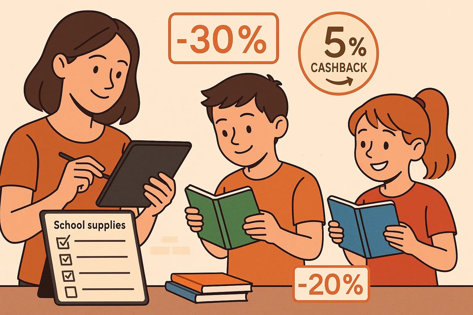 Une mère coche une liste de fournitures scolaires sur une tablette pendant que ses deux enfants comparent des cahiers colorés ; les prix promotionnels et un pictogramme "cashback 5 %" apparaissent en surimpression.