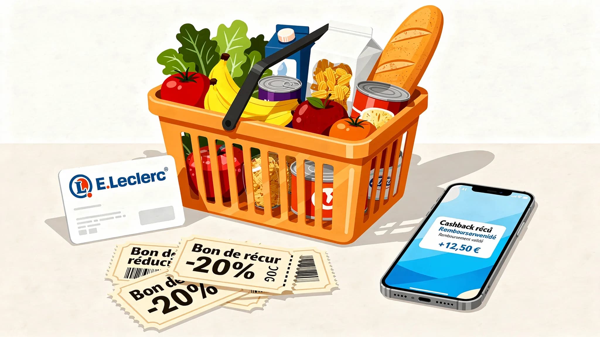 Un panier de courses rempli de produits alimentaires, une carte de fidélité E.Leclerc posée à côté de bons de réduction et d’un smartphone affichant une notification de remboursement cashback.