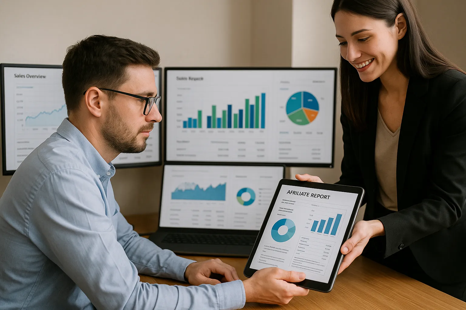 Un responsable marketing d'une grande enseigne e-commerce assis devant plusieurs écrans affichant des graphiques de vente, tandis qu'une collègue lui montre un rapport d'affiliation sur une tablette.