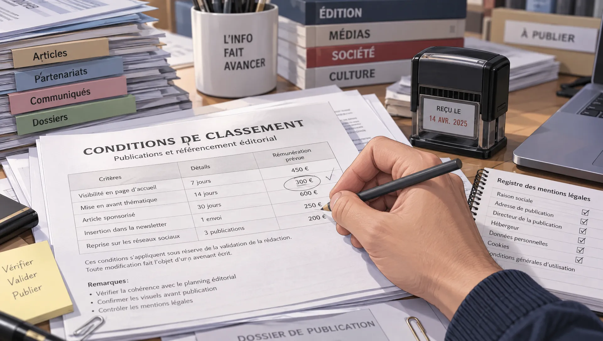 Une personne compare deux offres de cashback sur papier, vérifiant les taux, les exclusions et la date de mise à jour avec une calculatrice.