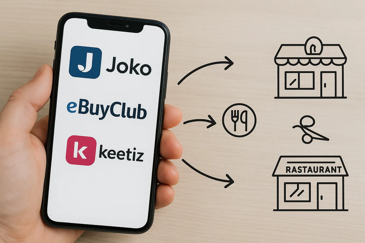 Montage montrant l’écran d’un smartphone avec plusieurs logos d’applications (Joko, eBuyClub, Keetiz…) reliés par des flèches vers des icônes de commerces physiques : supermarché, restaurant, salon de coiffure.