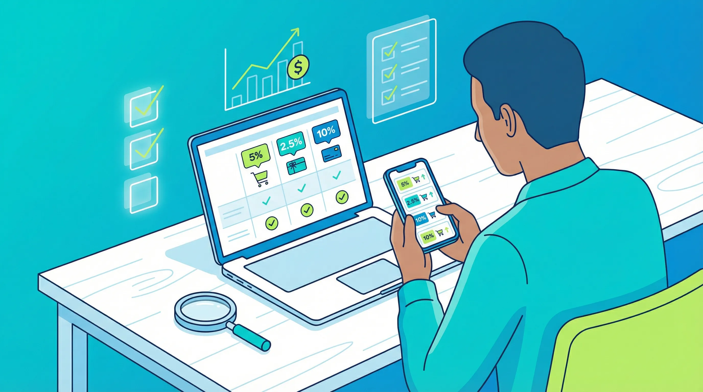 Personne comparant des offres de cashback sur un ordinateur portable et un smartphone, avec pourcentages et cartes de marchands visibles de manière générique, dans un environnement de bureau, sans logos ni données personnelles.