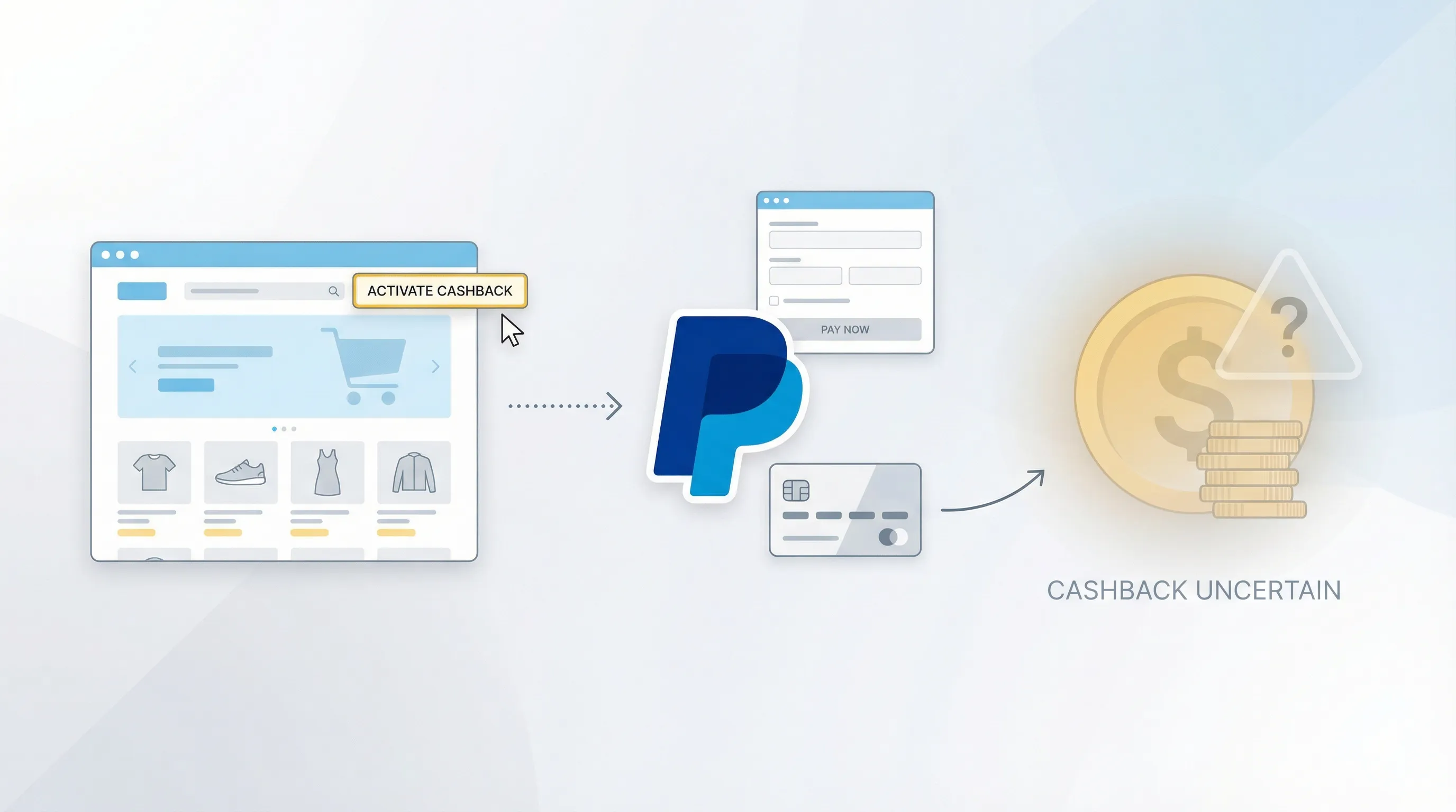 Illustration montrant un panier d’achat en ligne, le logo PayPal entouré d’un symbole d’avertissement et une icône de tracking (cookie/curseur), symbolisant le risque de perte d’attribution du cashback lors d’un paiement via PayPal.