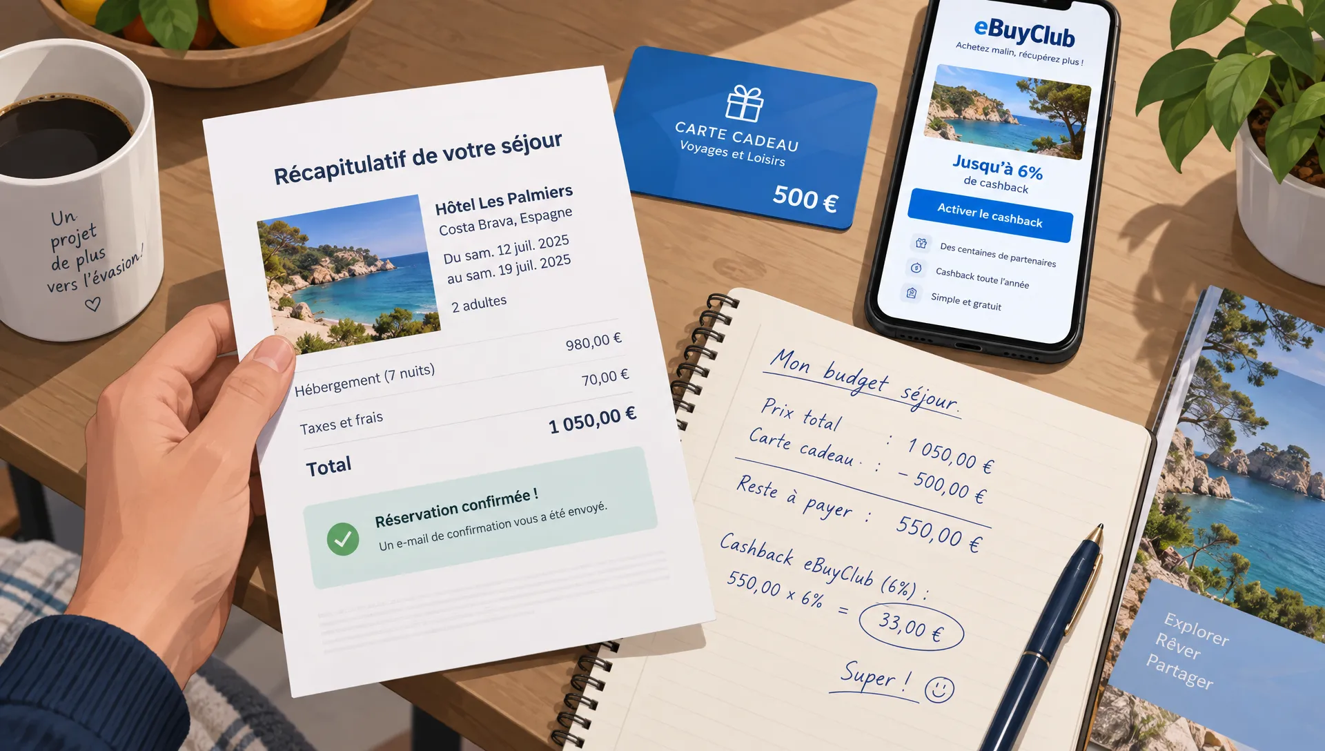Une main compare le prix d’un séjour, une carte cadeau et des calculs de cashback eBuyClub Airbnb avant l’achat.