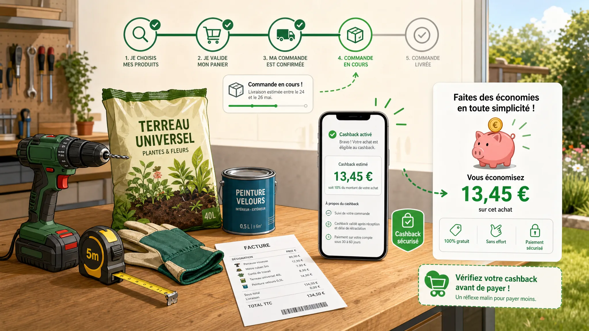 Un panier de bricolage avec une perceuse, un pot de peinture, des gants, un arrosoir et une carte bancaire posés sur un établi, illustrant la préparation d’une commande ManoMano avec cashback.
