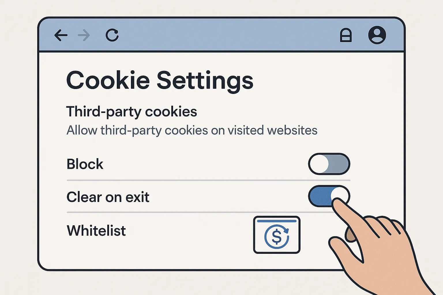 Illustration d’un écran de navigateur affichant les paramètres cookies, avec une main qui active la liste blanche pour une extension de cashback.