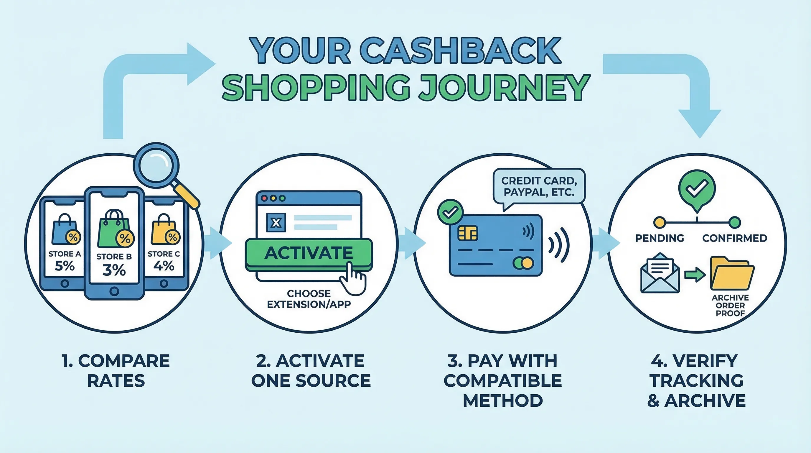 Illustration d’un parcours d’achat cashback en 4 étapes : comparer les taux, activer une seule source, payer avec un moyen compatible, puis vérifier le suivi et archiver la preuve de commande.