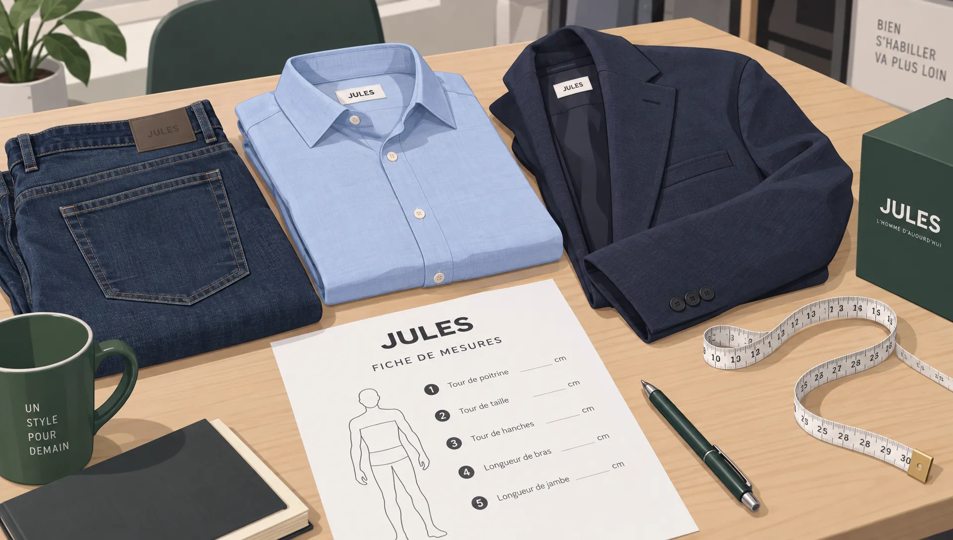 Un jean, une chemise et une veste sont disposés sur une table à côté d’un mètre ruban et d’une fiche de mesures pour vérifier la taille avant une commande Jules.