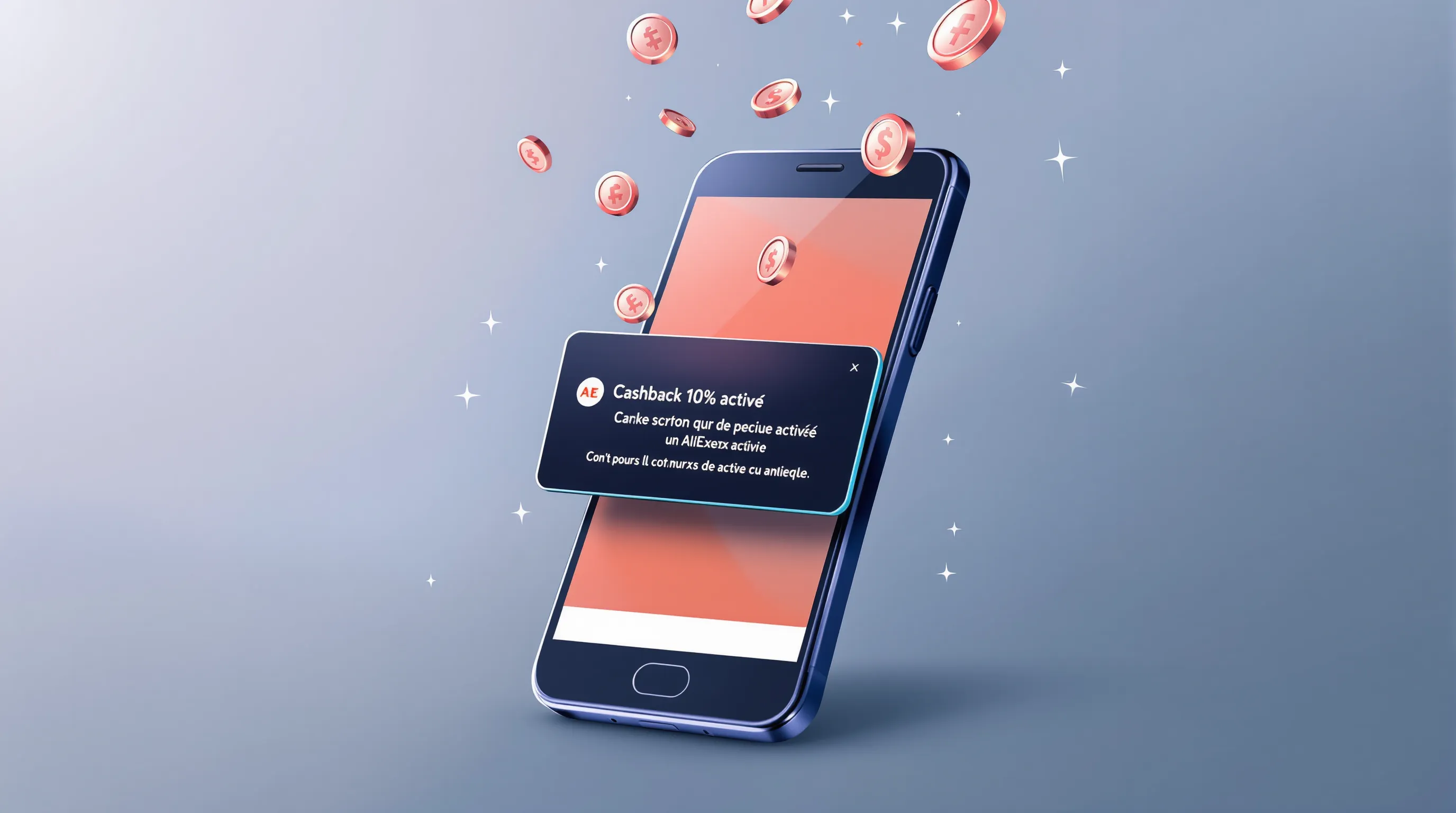 Illustration montrant un smartphone affichant l’appli AliExpress et, en surimpression, une barre de notification « Cashback 10 % activé » pendant le Singles Day, avec des pièces de monnaie virtuelles qui tombent.