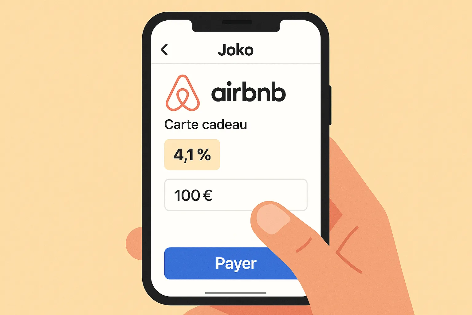 Un smartphone affichant l’application Joko ouverte sur la page d’achat d’une carte cadeau Airbnb. On voit clairement le taux de 4,1 % et un utilisateur qui valide un paiement.