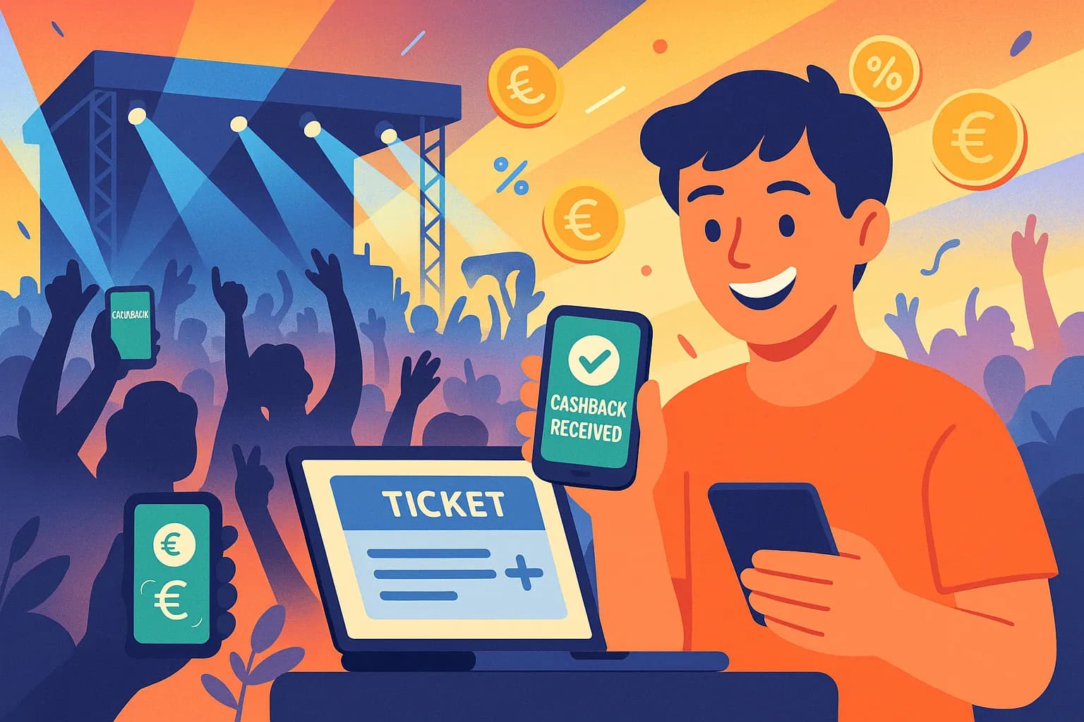 Foule de festival au coucher du soleil, silhouettes de spectateurs levant les mains devant une grande scène illuminée, confettis dans le ciel