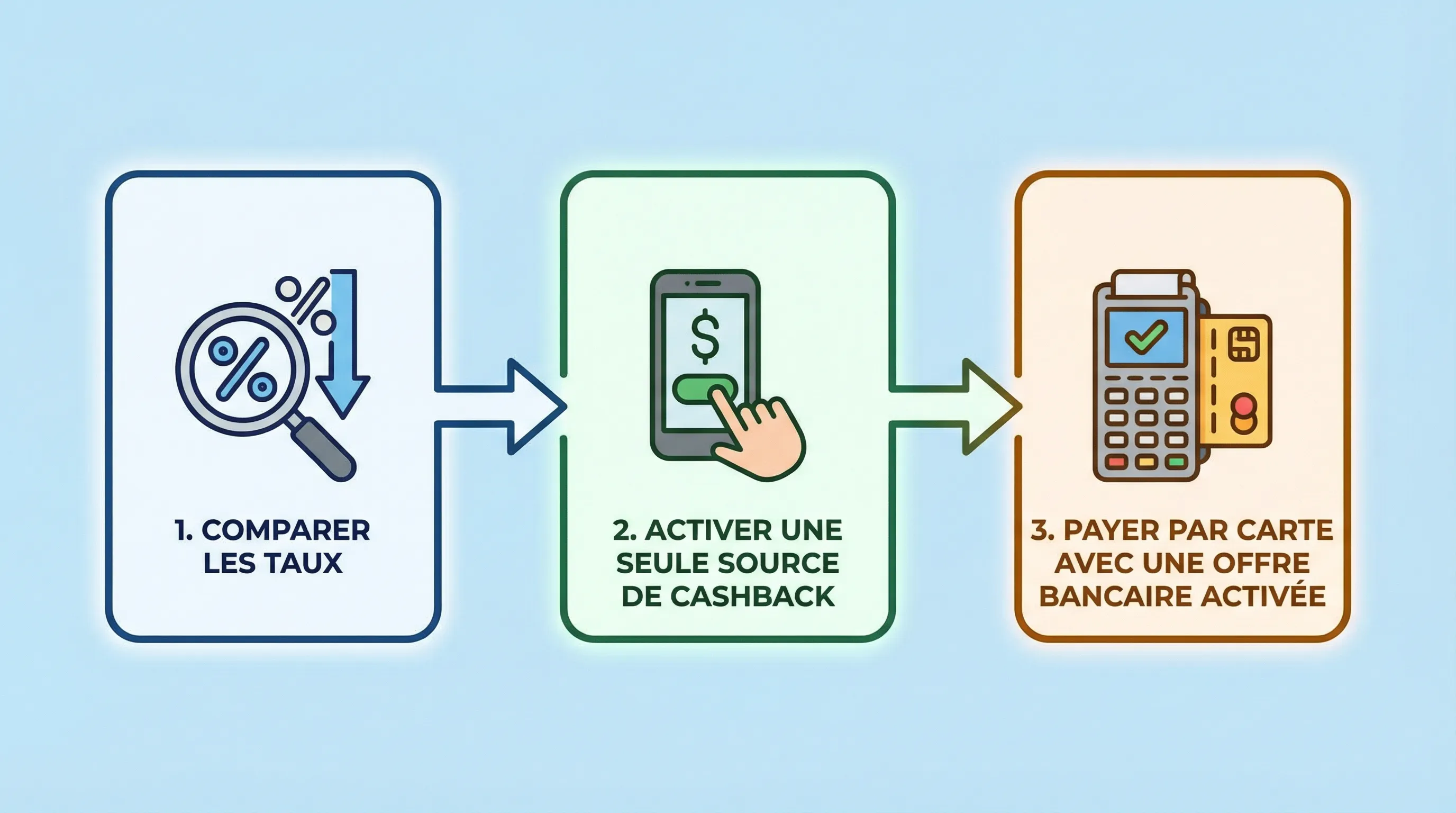 Un schéma simple en trois blocs montrant l’ordre recommandé : comparer les taux, activer une seule source de cashback, payer par carte avec une offre bancaire activée.