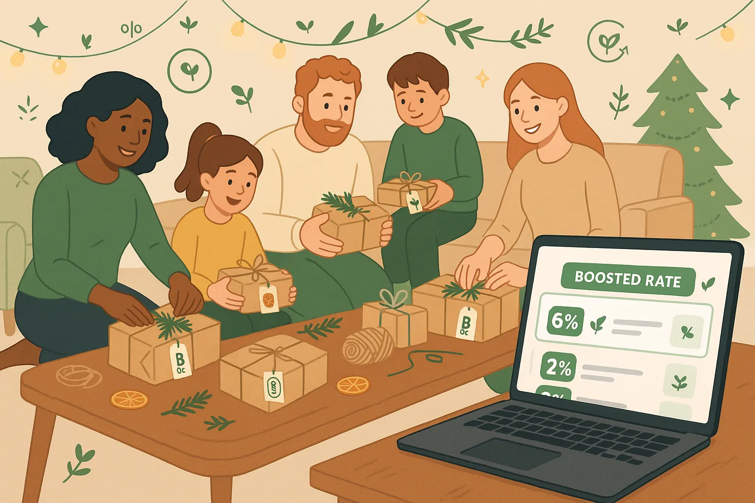 Famille emballant des cadeaux de Noël avec du papier kraft recyclable et ruban en jute ; un ordinateur portable à côté affiche un comparateur de cashback montrant un taux boosté pour une boutique éthique