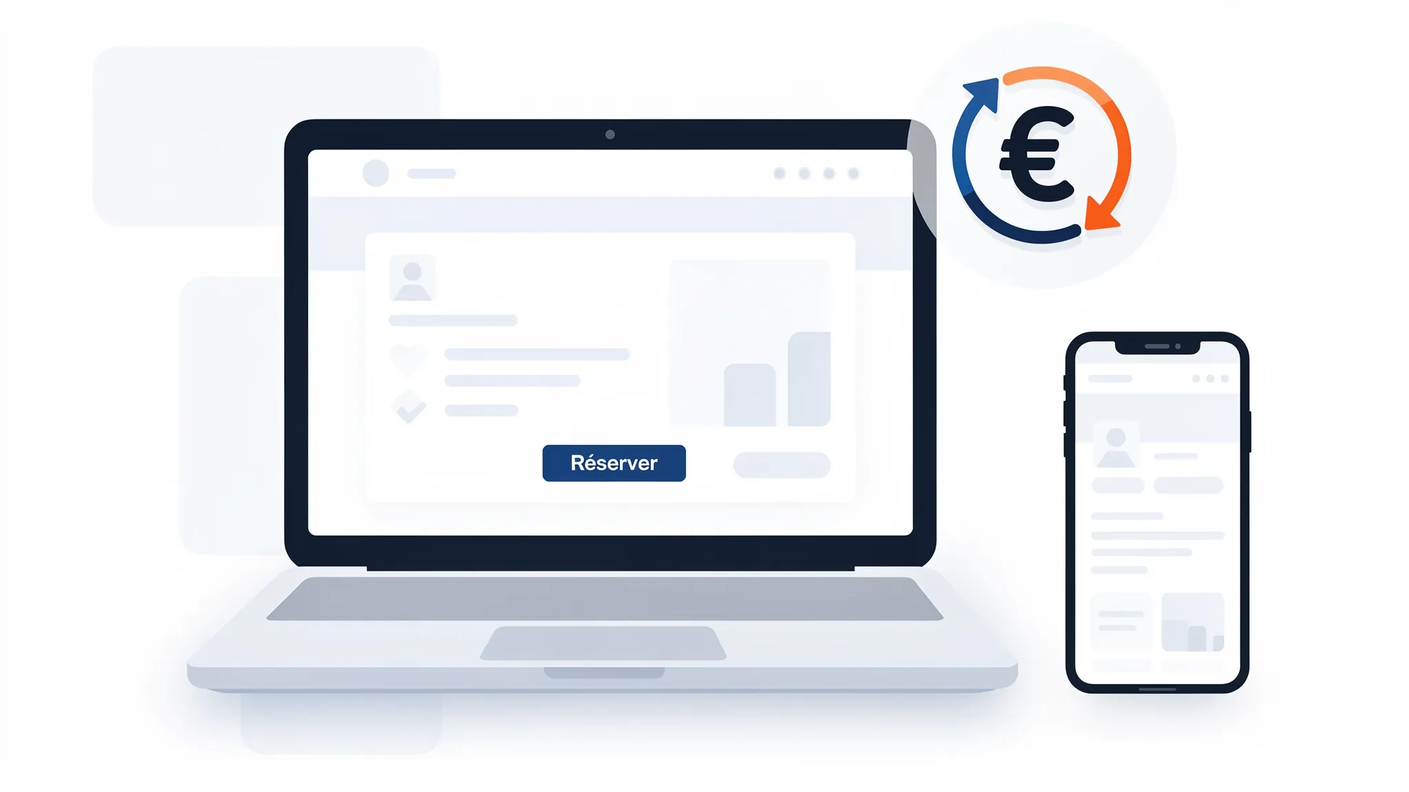 Illustration d’une réservation d’hôtel effectuée sur un ordinateur portable avec un smartphone à côté, et un pictogramme de cashback en surimpression. Le contenu des écrans reste neutre et non lisible, avec une page de réservation générique et un bou...