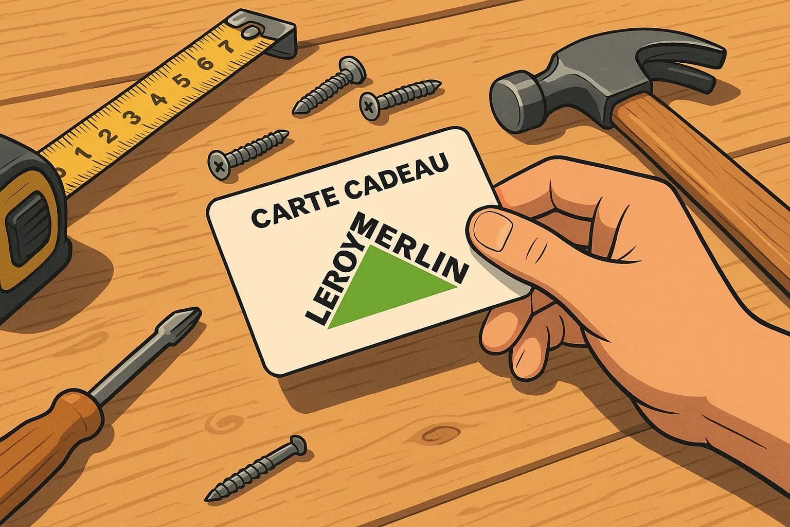 Une main saisit une carte cadeau Leroy Merlin posée sur un établi, entourée d’outils de bricolage comme un mètre, des vis et un marteau. La lumière atelier met en valeur la texture du bois.