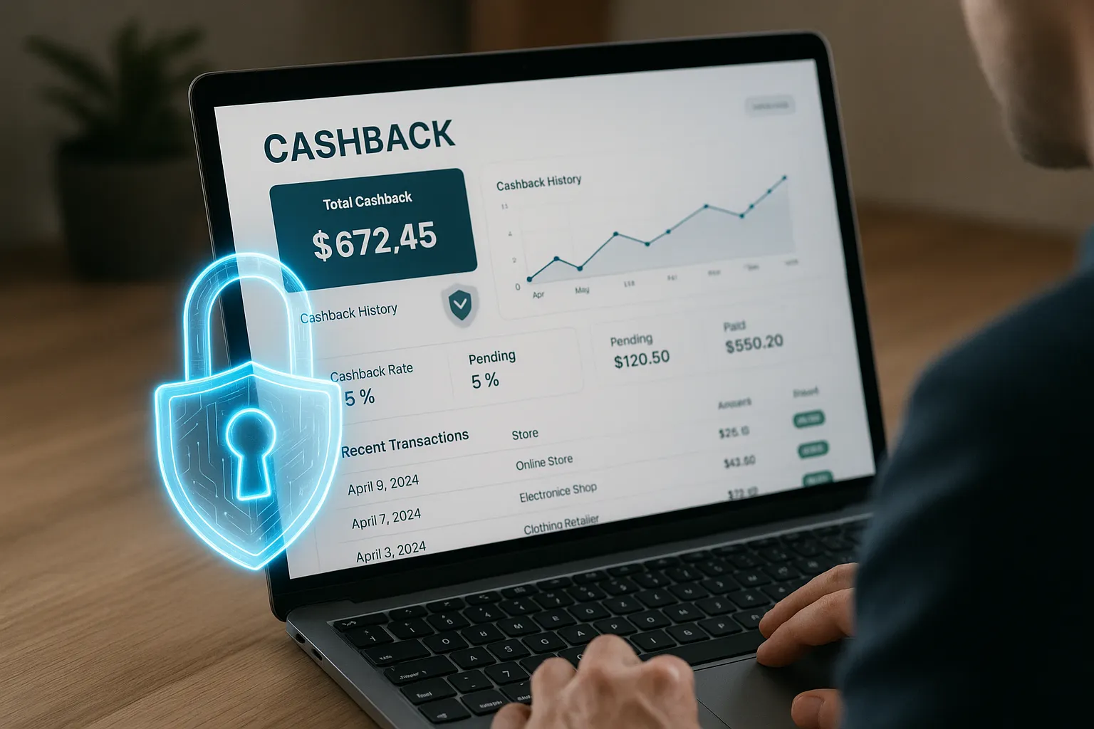 Représentation visuelle d’un consommateur analysant un tableau de bord de cashback sur ordinateur portable, tandis qu’un bouclier numérique symbolise la protection des données personnelles. Un cadenas holographique flotte au premier plan, indiquant la sécurité.