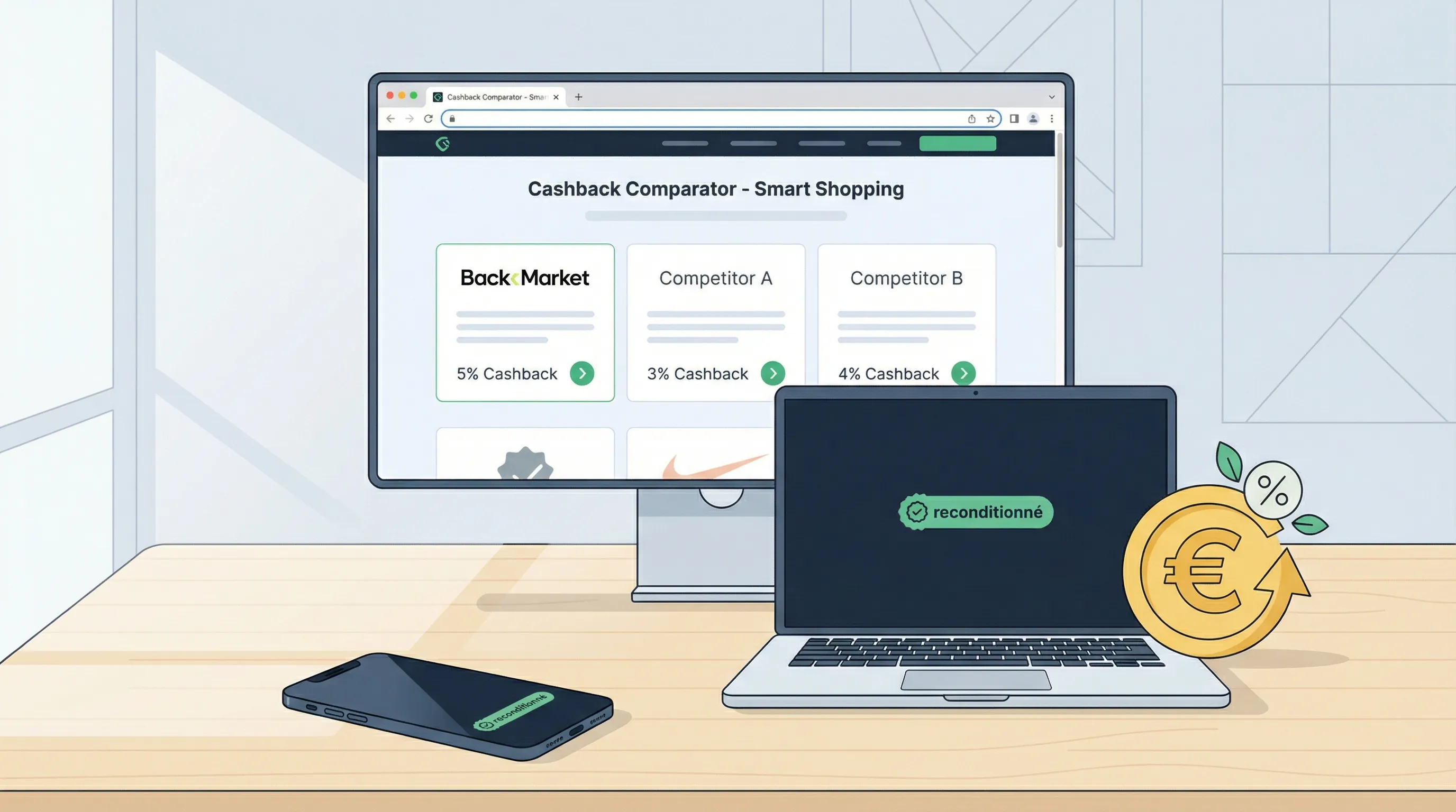 Smartphone reconditionné posé à côté d’une boîte indiquant « reconditionné », étiquette de prix barrée et petite icône de pièce symbolisant le cashback, sur un bureau neutre (image sans logos identifiables).