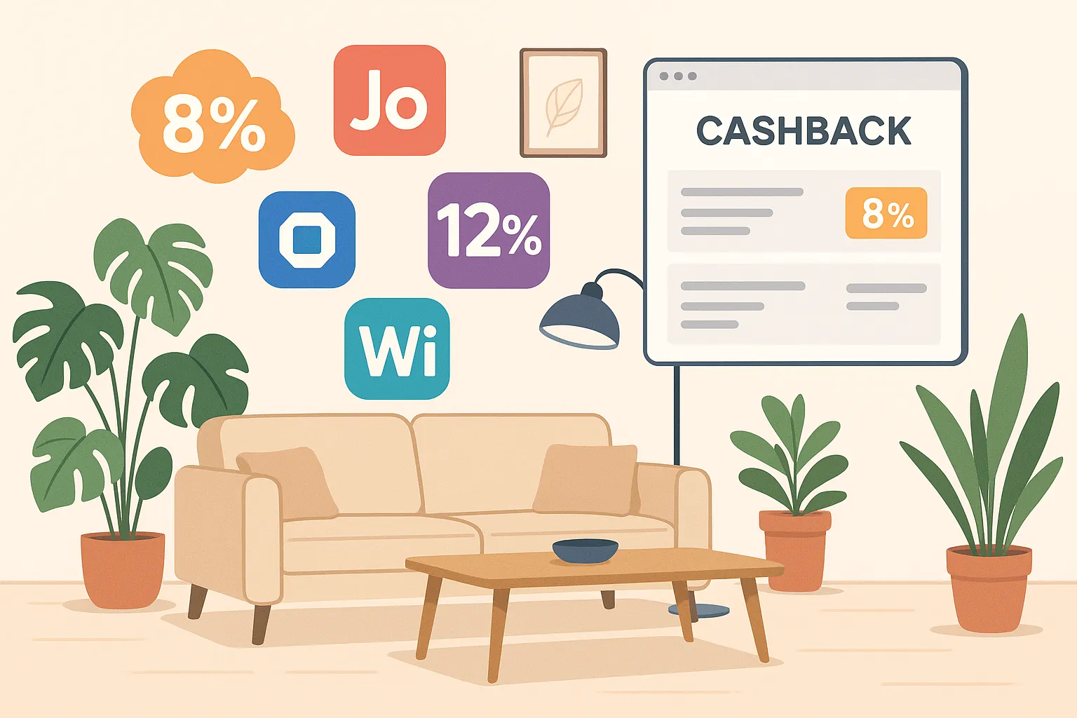 Salon scandinave lumineux avec canapé beige, table basse en bois et logos d'applications de cashback flottant au‑dessus des meubles