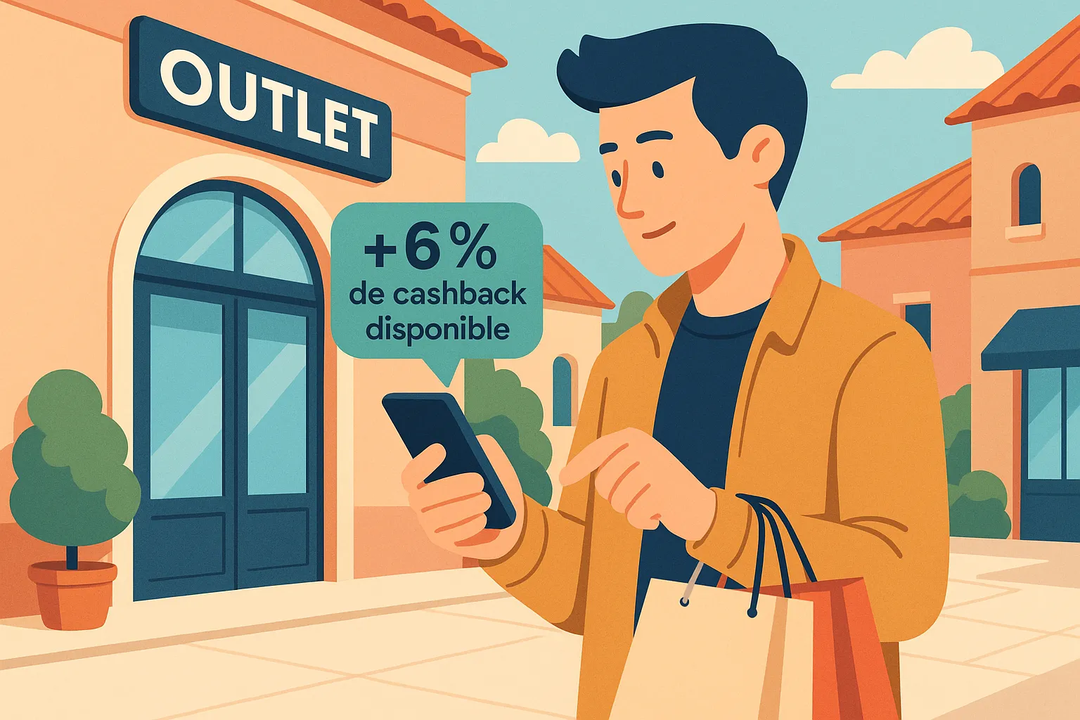 Acheteur consultant son smartphone devant une devanture d’outlet, l’écran affiche une notification « +6 % de cashback disponible ». Atmosphère de village de marques ensoleillé avec sacs shopping.
