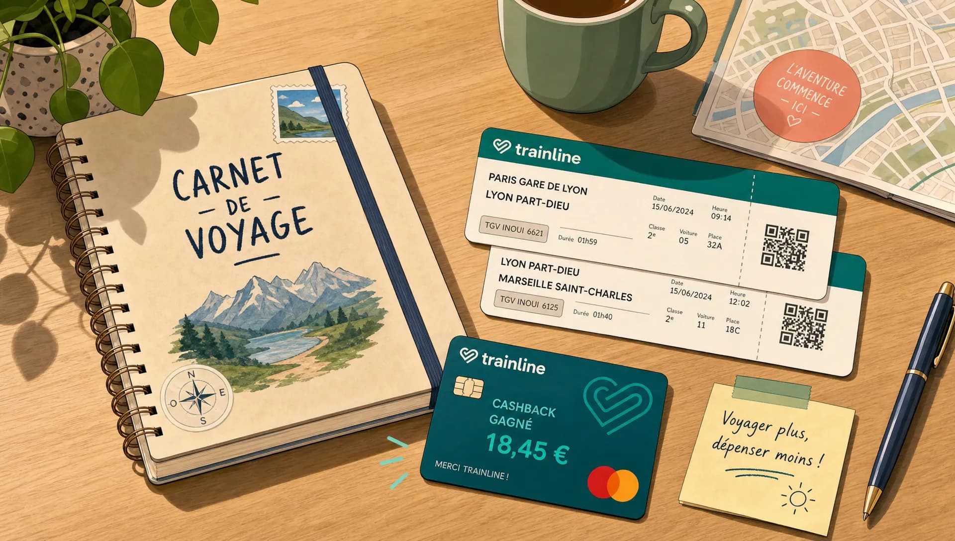 Un carnet de voyage, des billets de train et une carte bancaire posés sur une table, rappelant les économies possibles avec le cashback sur Trainline.